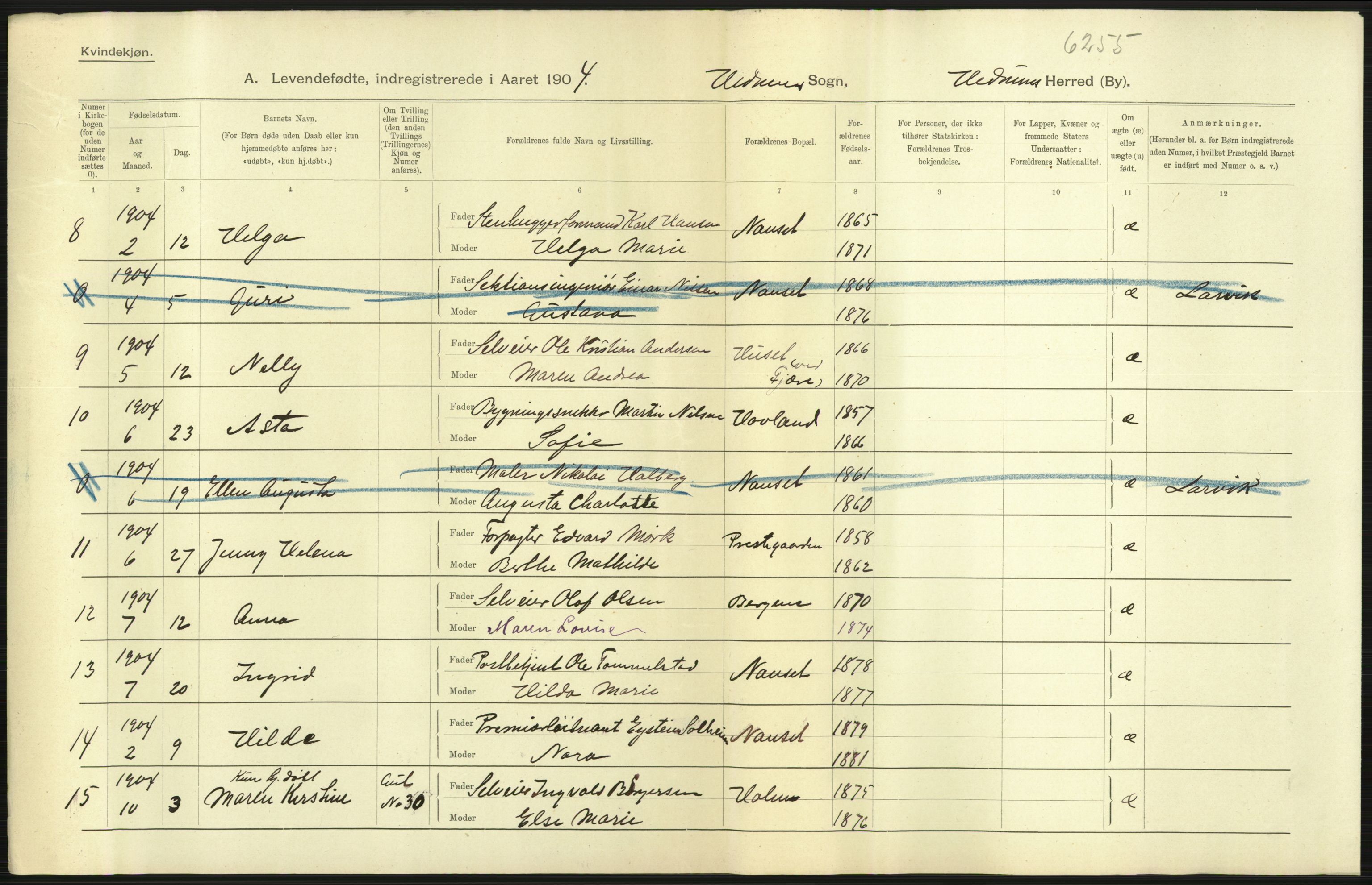 Statistisk sentralbyrå, Sosiodemografiske emner, Befolkning, AV/RA-S-2228/D/Df/Dfa/Dfab/L0008: Jarlsberg og Larvig amt: Fødte, gifte, døde, 1904, p. 19