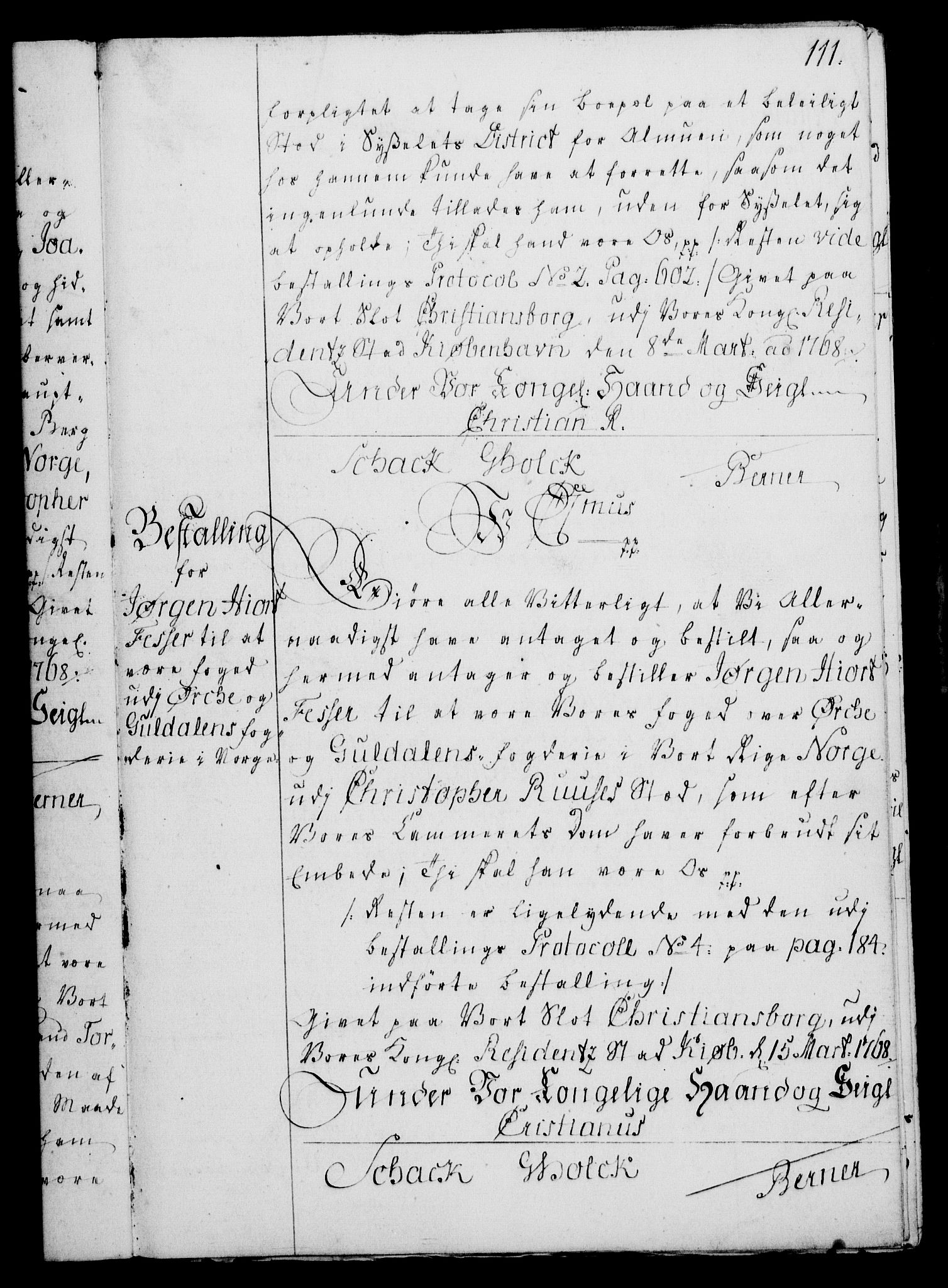 Rentekammeret, Kammerkanselliet, RA/EA-3111/G/Gg/Gge/L0004: Norsk bestallingsprotokoll med register (merket RK 53.28), 1762-1771, p. 111