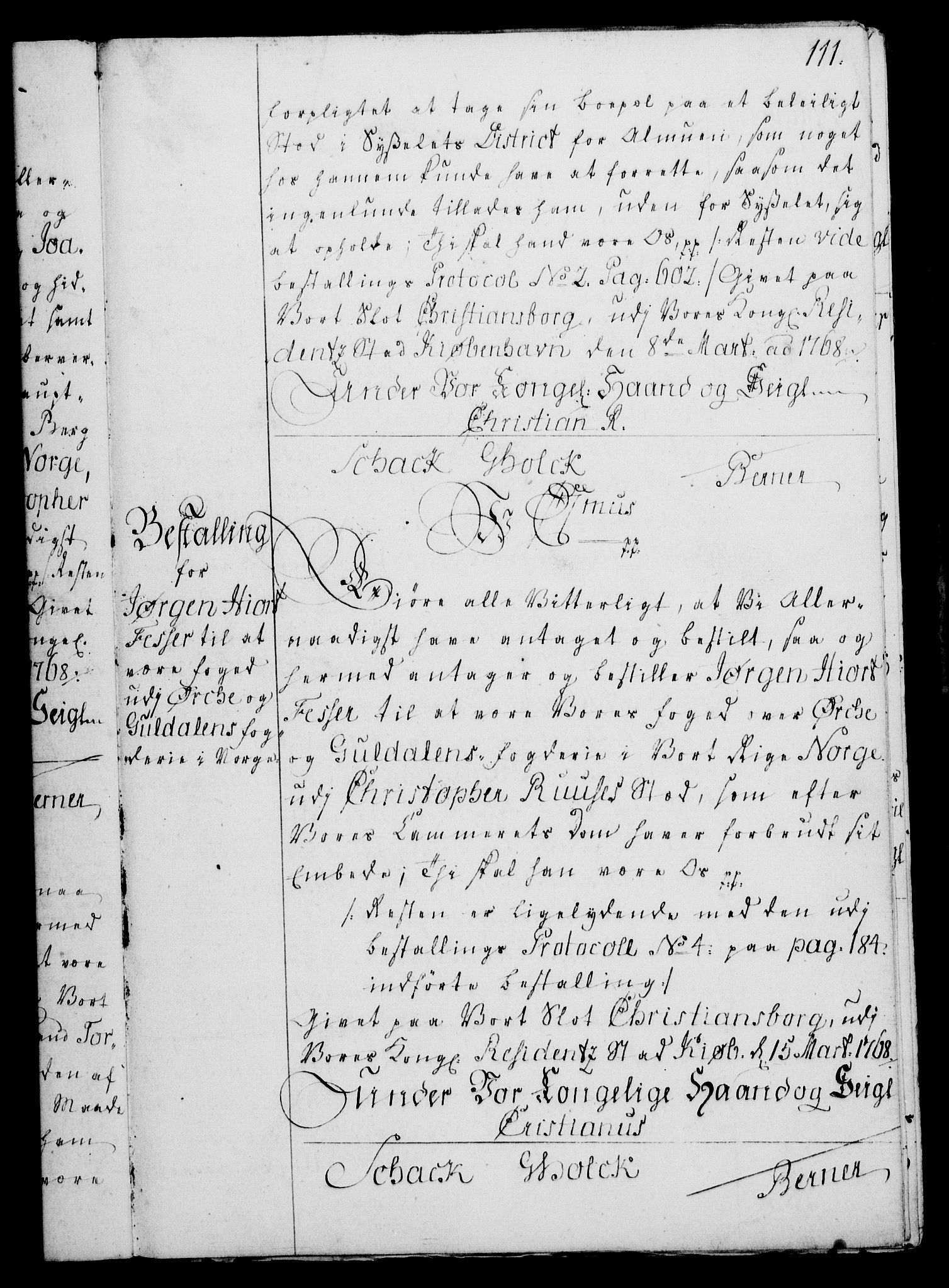Rentekammeret, Kammerkanselliet, AV/RA-EA-3111/G/Gg/Gge/L0004: Norsk bestallingsprotokoll med register (merket RK 53.28), 1762-1771, p. 111
