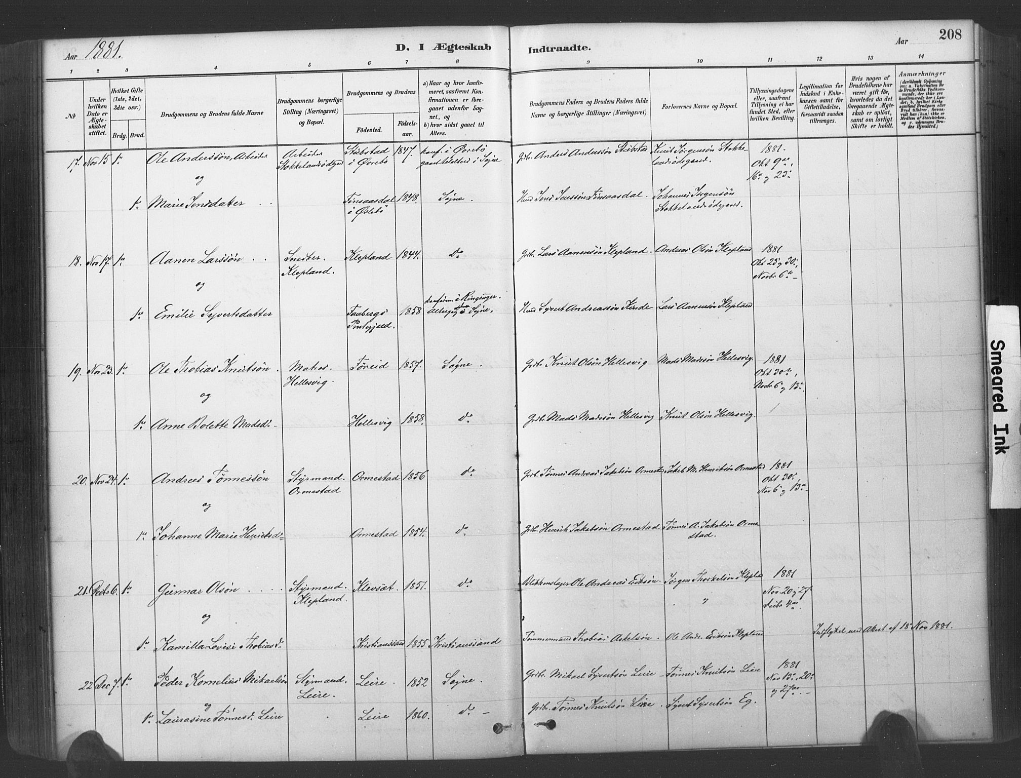 Søgne sokneprestkontor, AV/SAK-1111-0037/F/Fa/Fab/L0012: Parish register (official) no. A 12, 1880-1891, p. 208