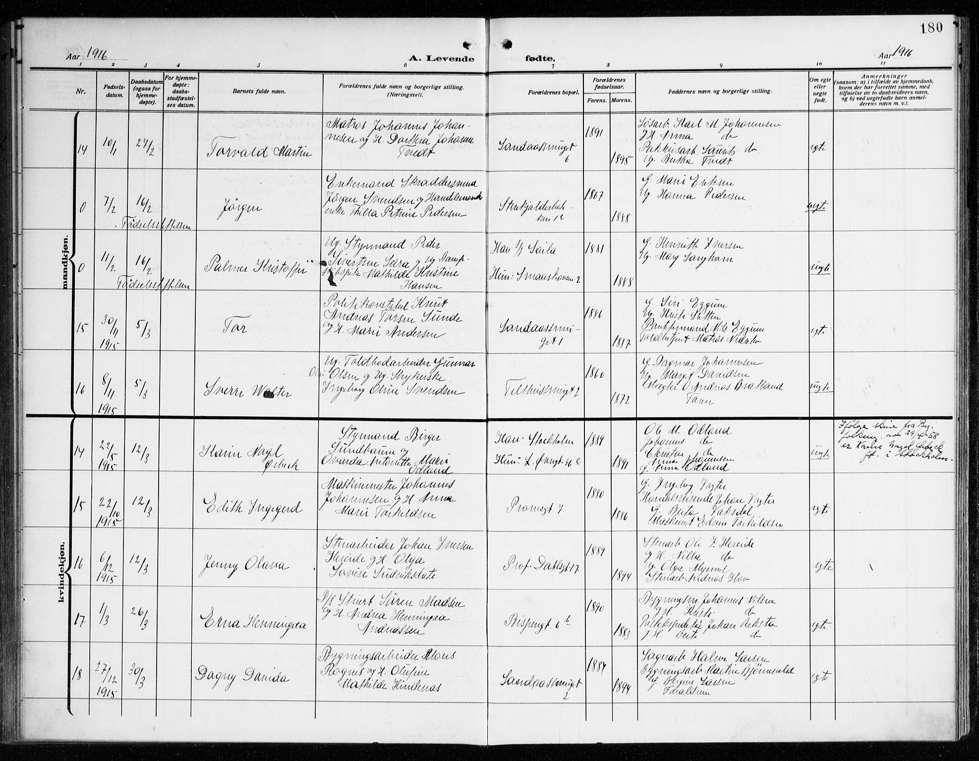 Korskirken sokneprestembete, AV/SAB-A-76101/H/Haa: Parish register (official) no. B 10, 1909-1923, p. 180