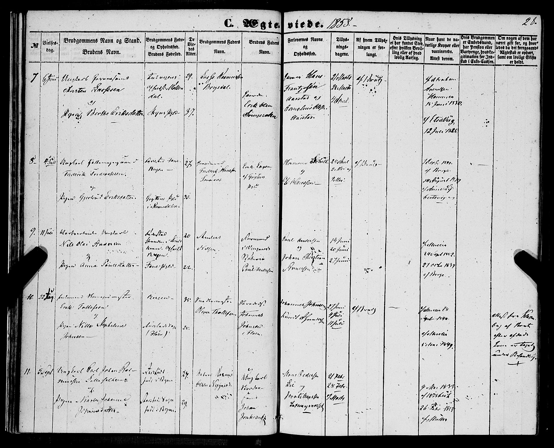 St. Jørgens hospital og Årstad sokneprestembete, AV/SAB-A-99934: Parish register (official) no. A 9, 1853-1878, p. 28