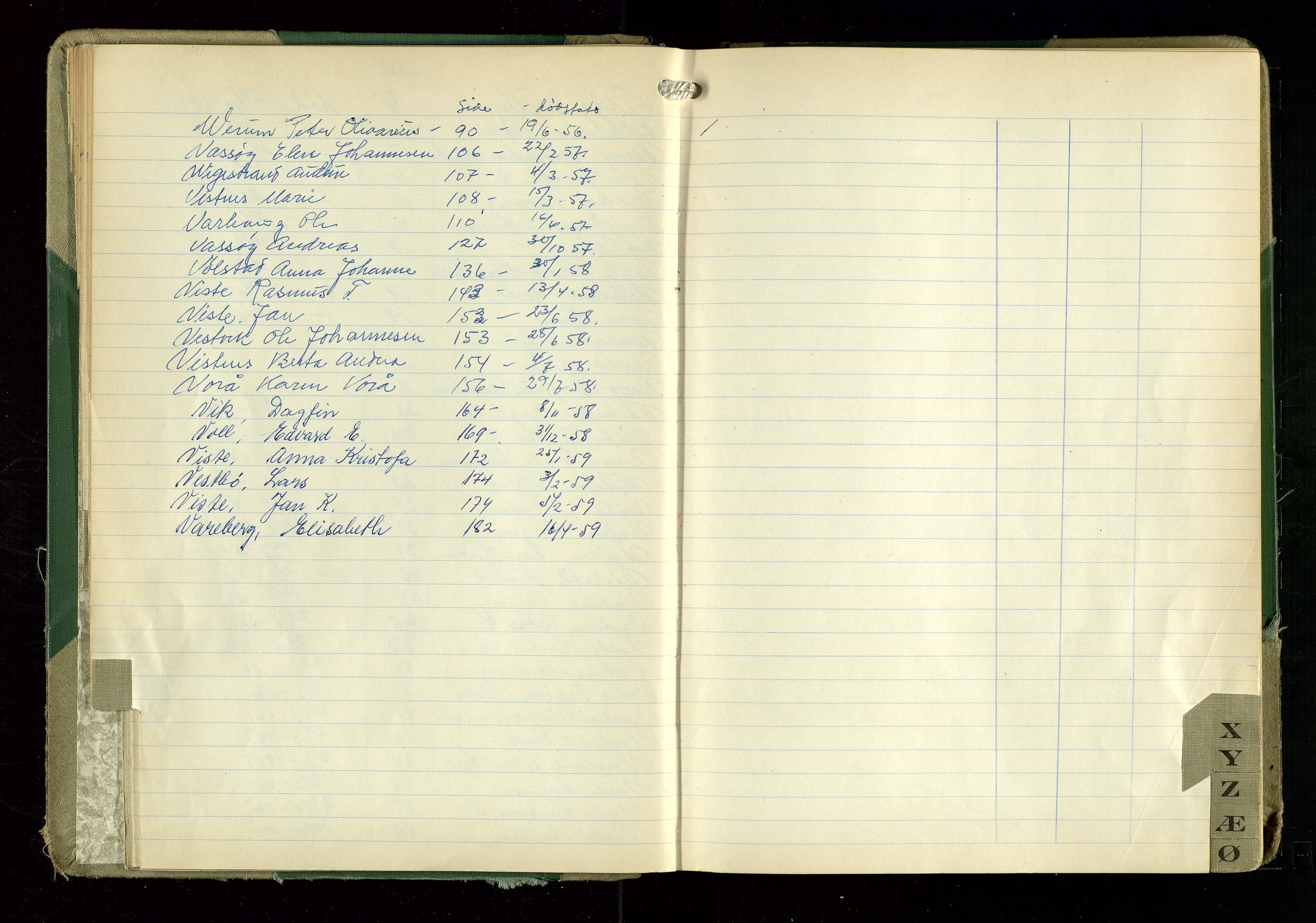 Hetland lensmannskontor, AV/SAST-A-100101/Gga/L0006: "Protokoll over anmeldte dødsfall" (med alfabetisk navneregister), 1952-1959