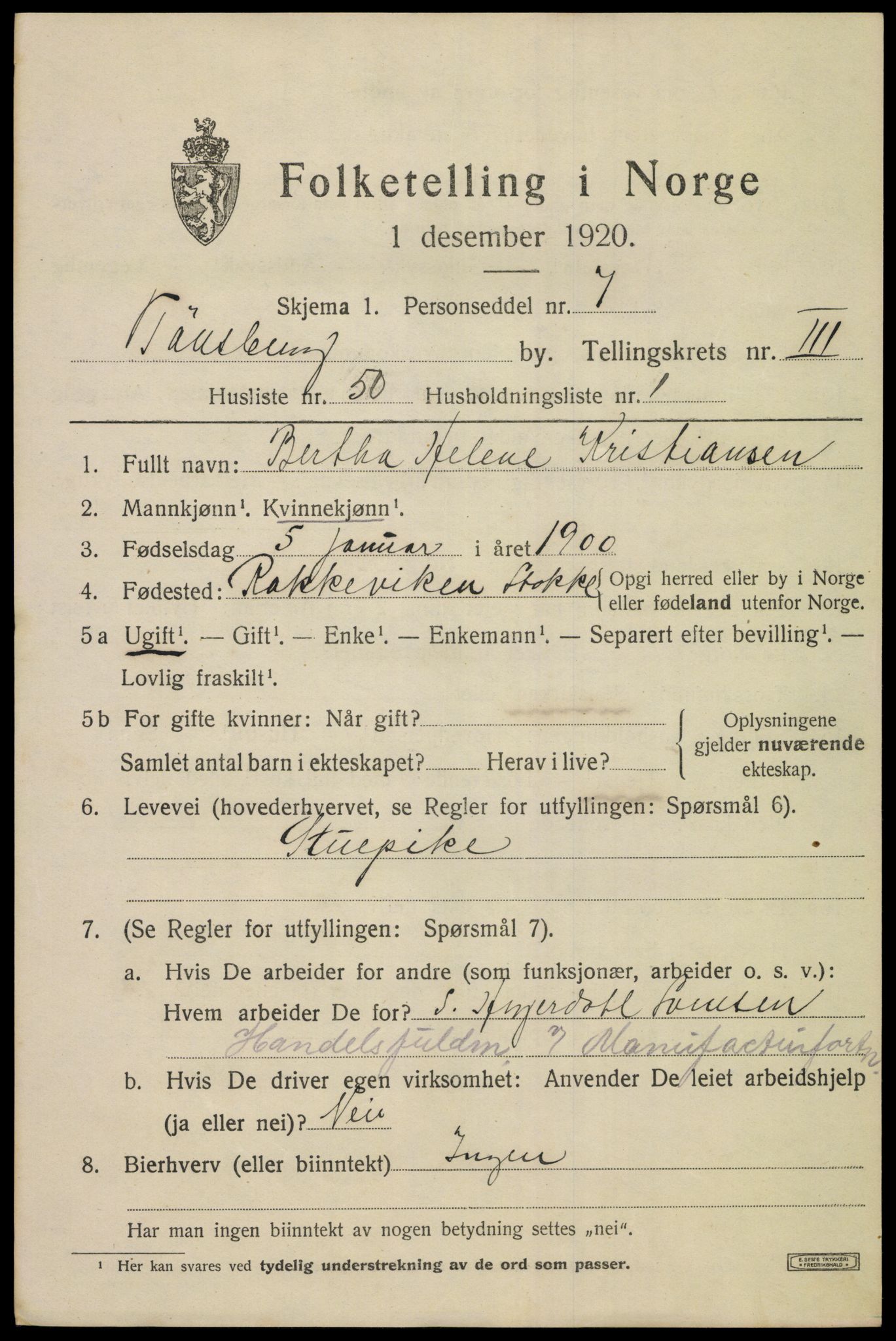 SAKO, 1920 census for Tønsberg, 1920, p. 11999