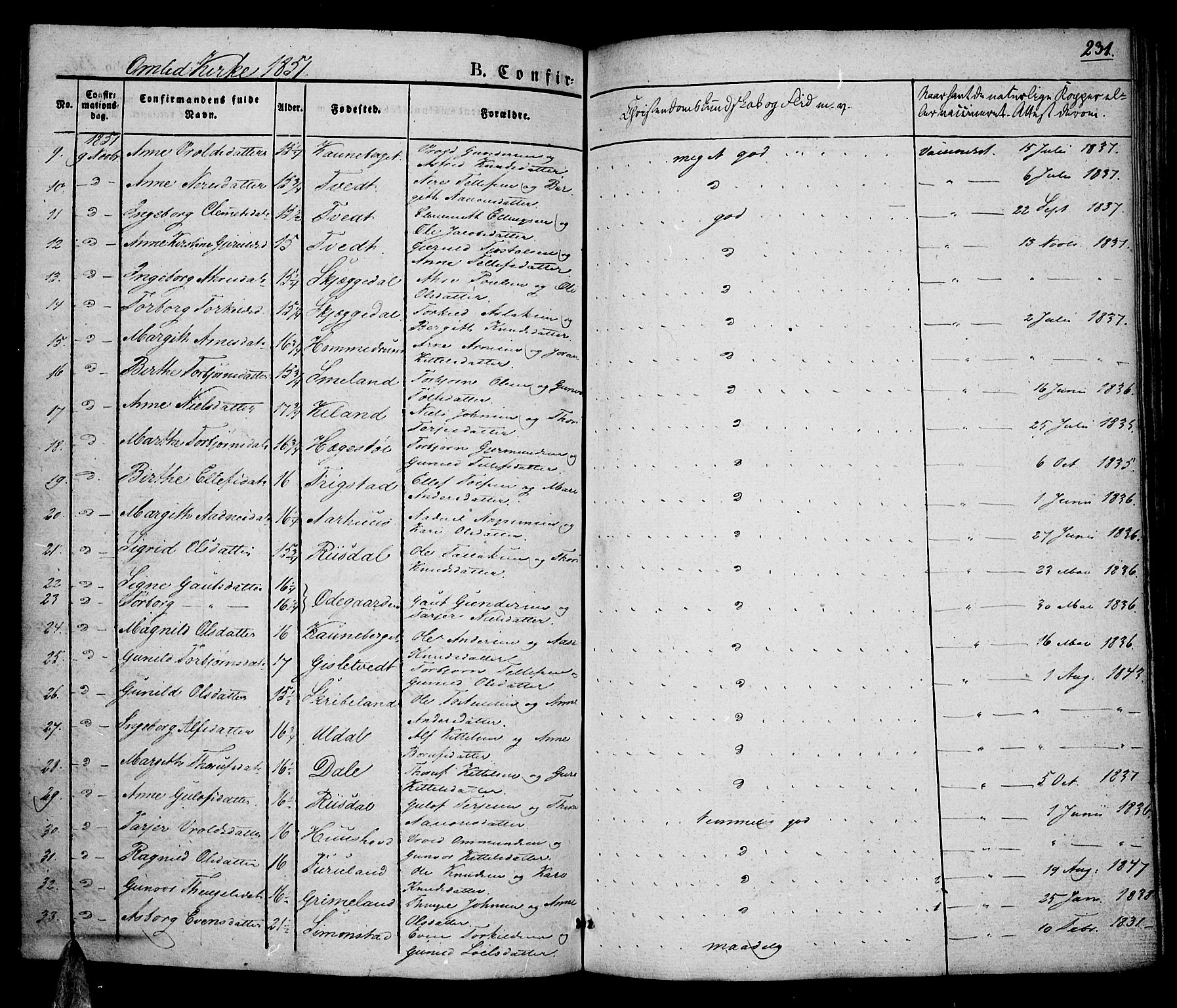 Åmli sokneprestkontor, AV/SAK-1111-0050/F/Fa/Fac/L0007: Parish register (official) no. A 7 /1, 1829-1851, p. 231