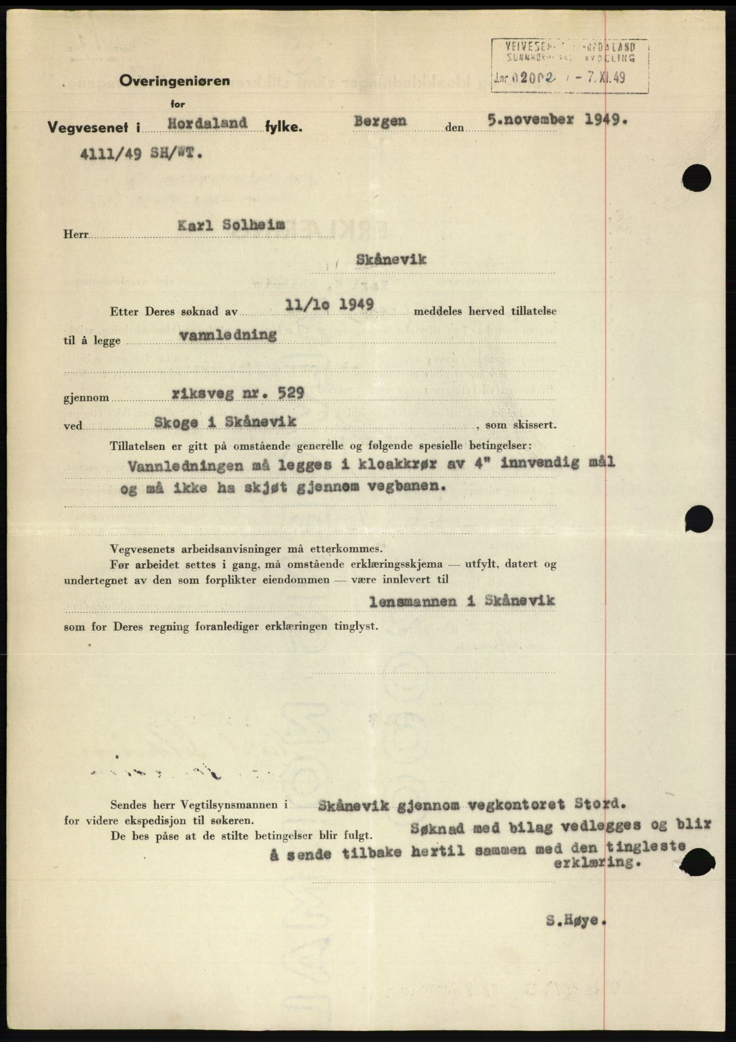 Sunnhordland sorenskrivar, AV/SAB-A-2401: Mortgage book no. B75-79, 1948-1950, Diary no: : 3021/1949