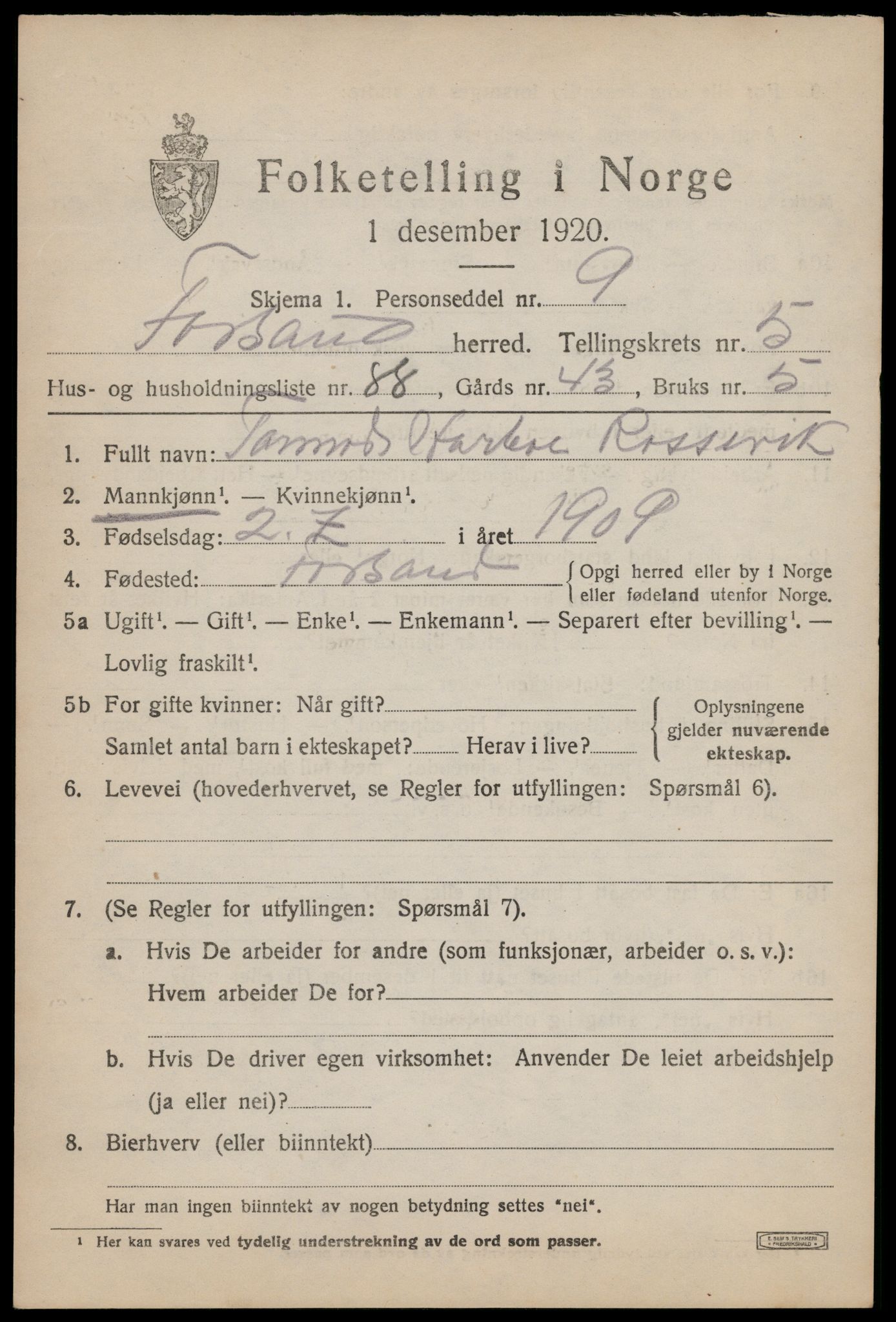 SAST, 1920 census for Forsand, 1920, p. 2747