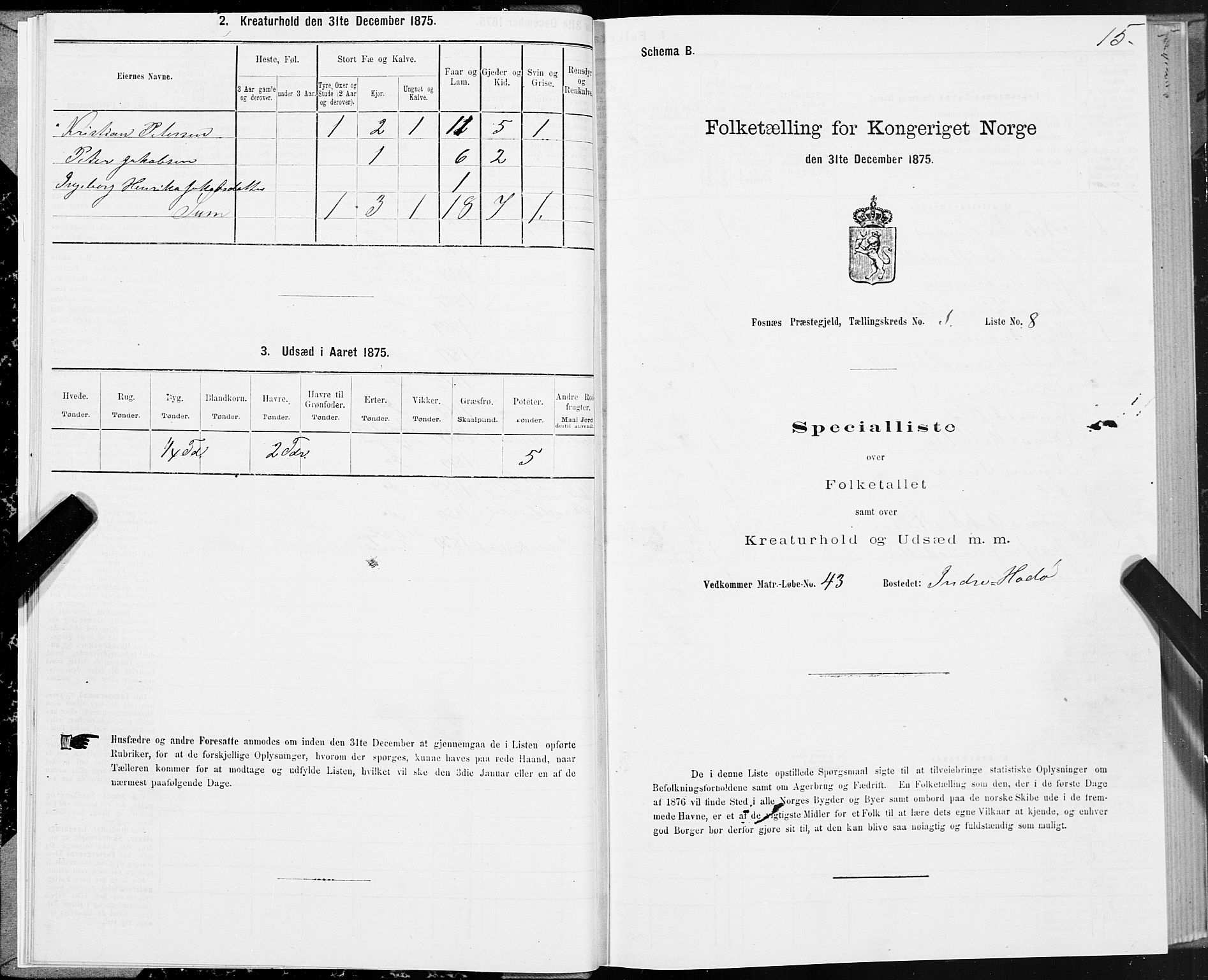 SAT, 1875 census for 1748P Fosnes, 1875, p. 3015