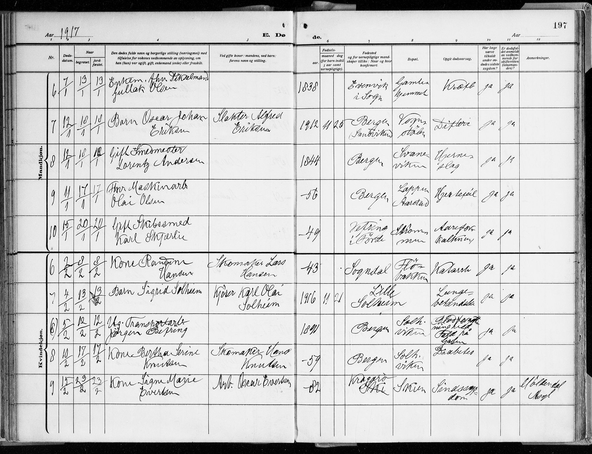 Årstad Sokneprestembete, AV/SAB-A-79301/H/Haa/L0003: Parish register (official) no. A 3, 1914-1919, p. 197