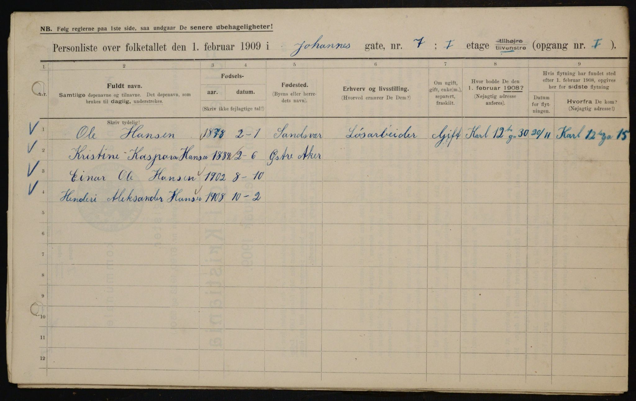 OBA, Municipal Census 1909 for Kristiania, 1909, p. 43105