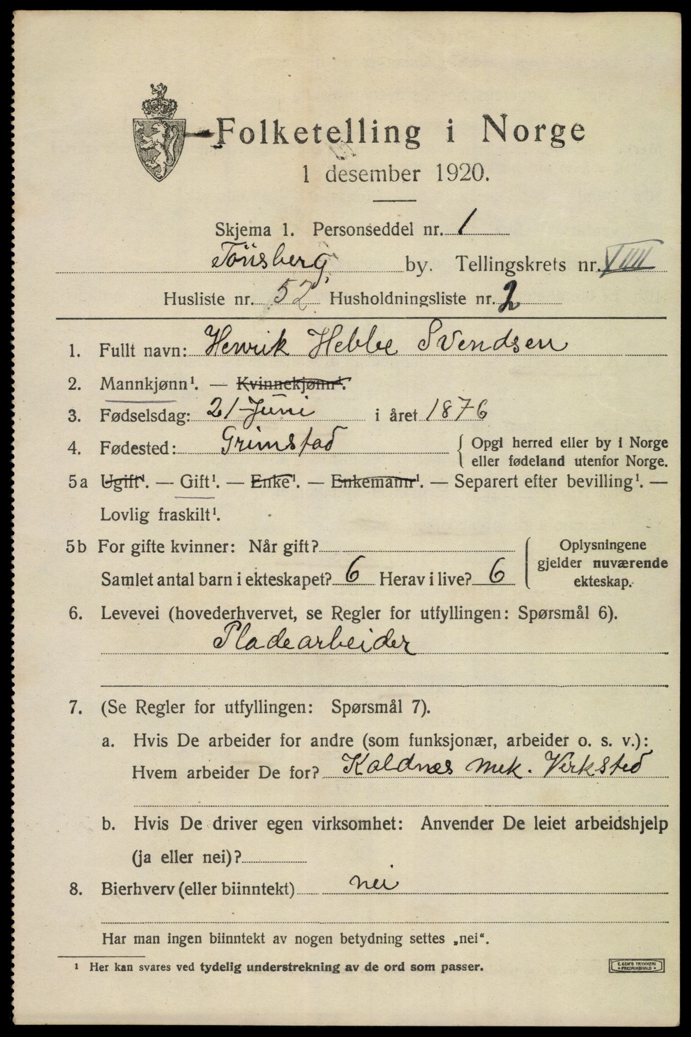 SAKO, 1920 census for Tønsberg, 1920, p. 18197