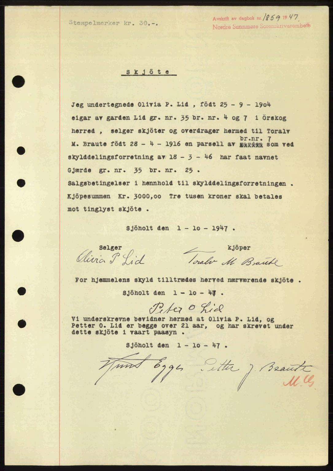 Nordre Sunnmøre sorenskriveri, AV/SAT-A-0006/1/2/2C/2Ca: Mortgage book no. A25, 1947-1947, Diary no: : 1859/1947