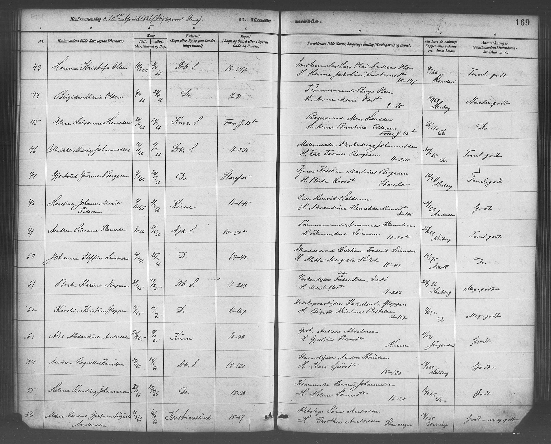 Domkirken sokneprestembete, SAB/A-74801/H/Haa/L0030: Parish register (official) no. C 5, 1880-1898, p. 169