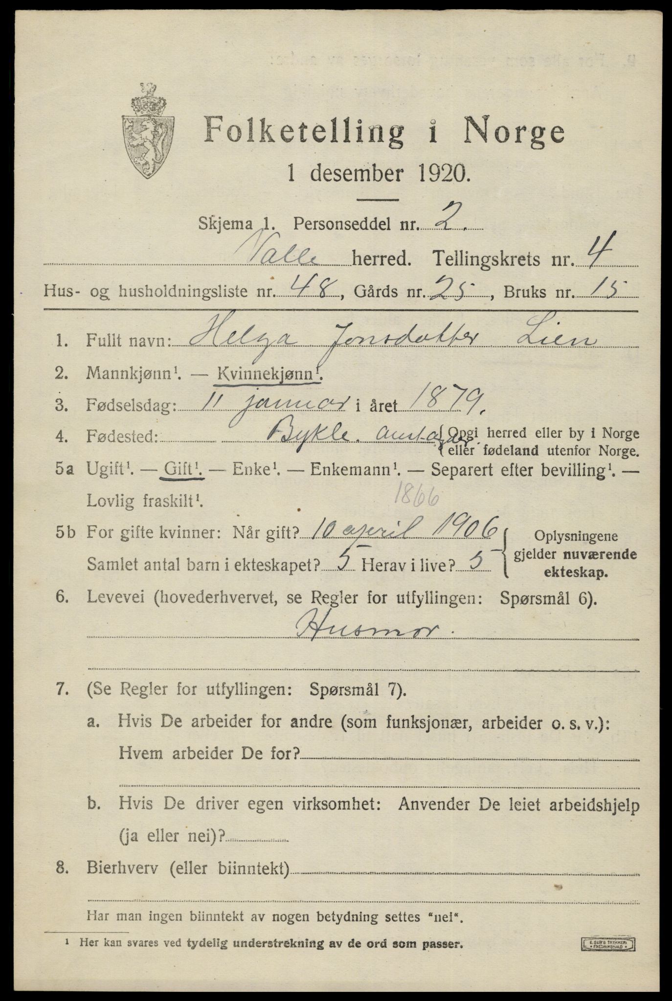SAK, 1920 census for Valle, 1920, p. 2509