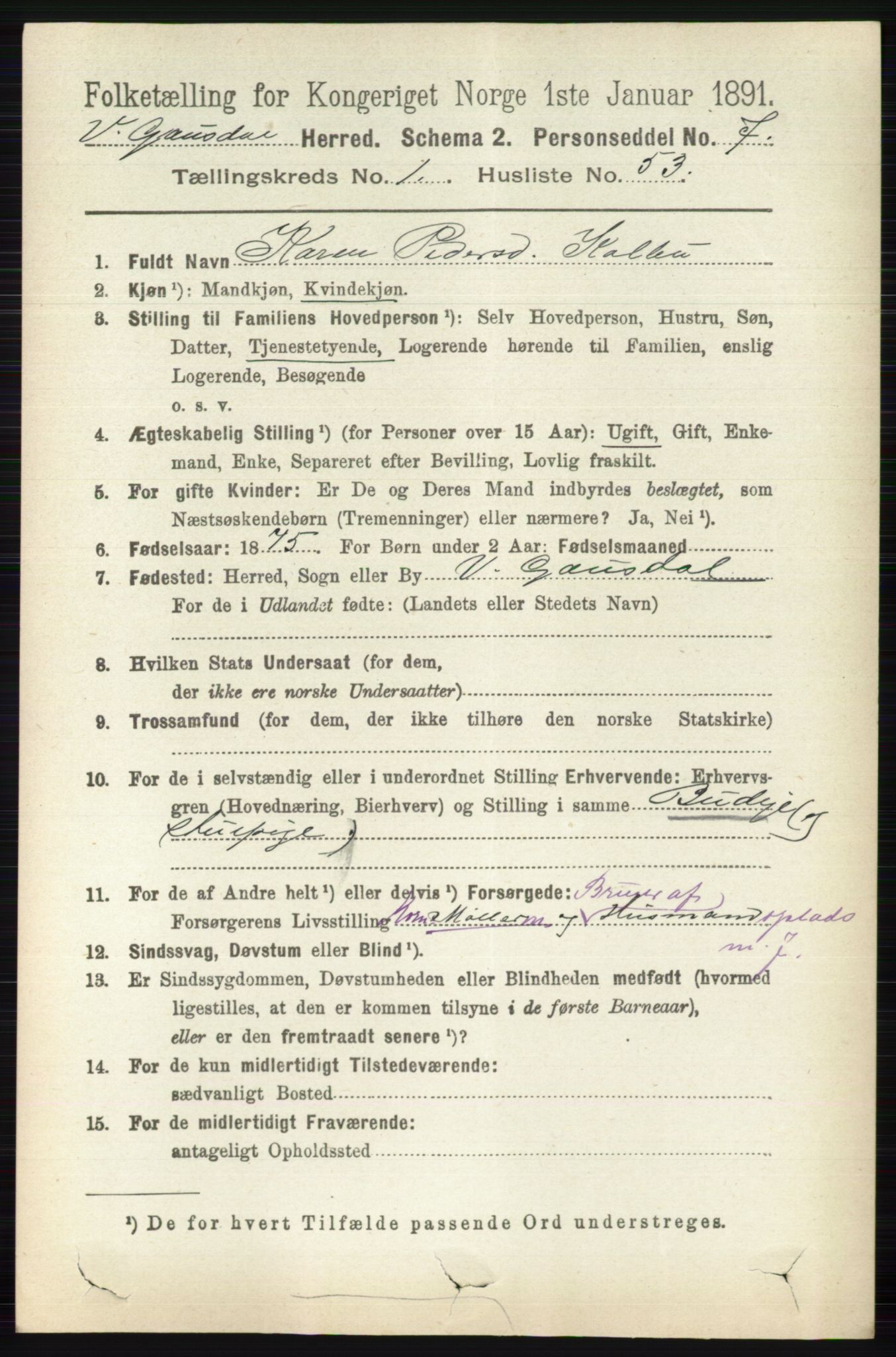 RA, 1891 census for 0523 Vestre Gausdal, 1891, p. 375