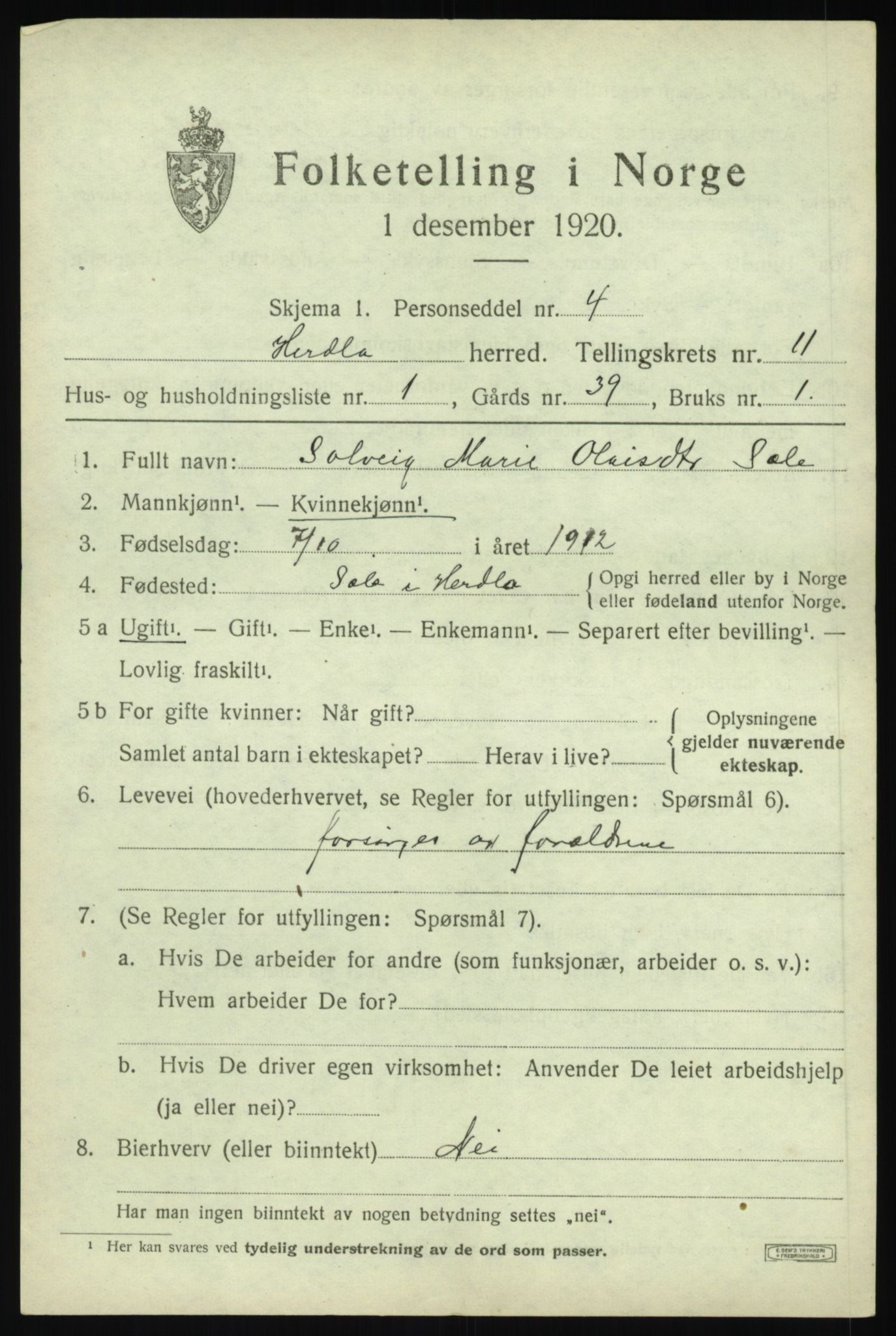 SAB, 1920 census for Herdla, 1920, p. 7533