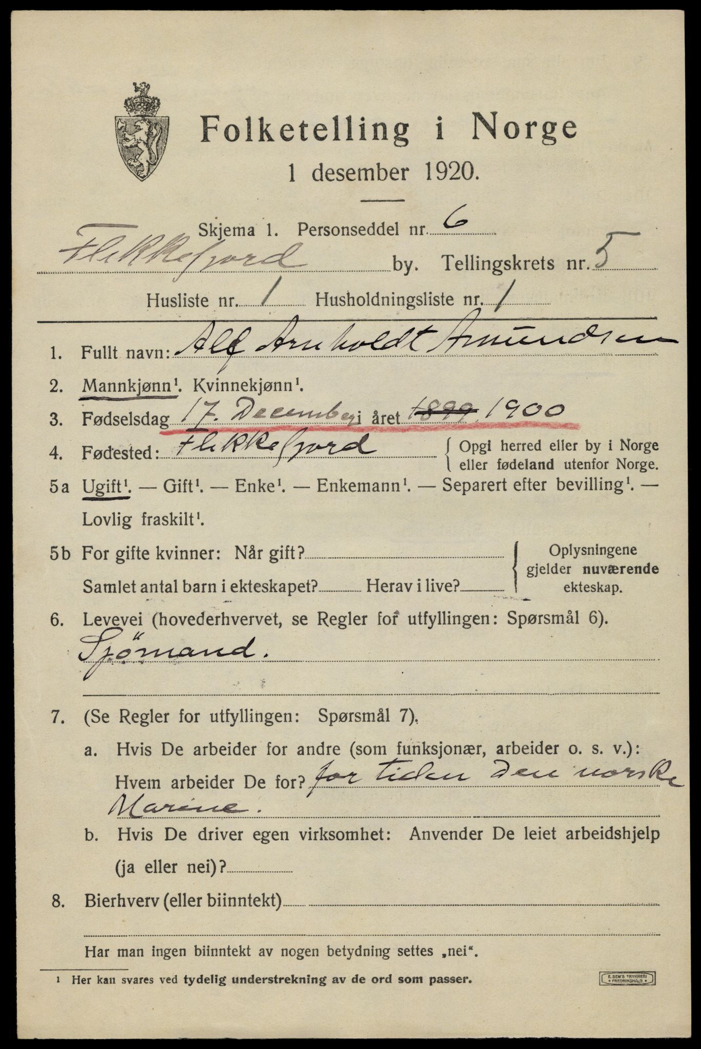 SAK, 1920 census for Flekkefjord, 1920, p. 5146