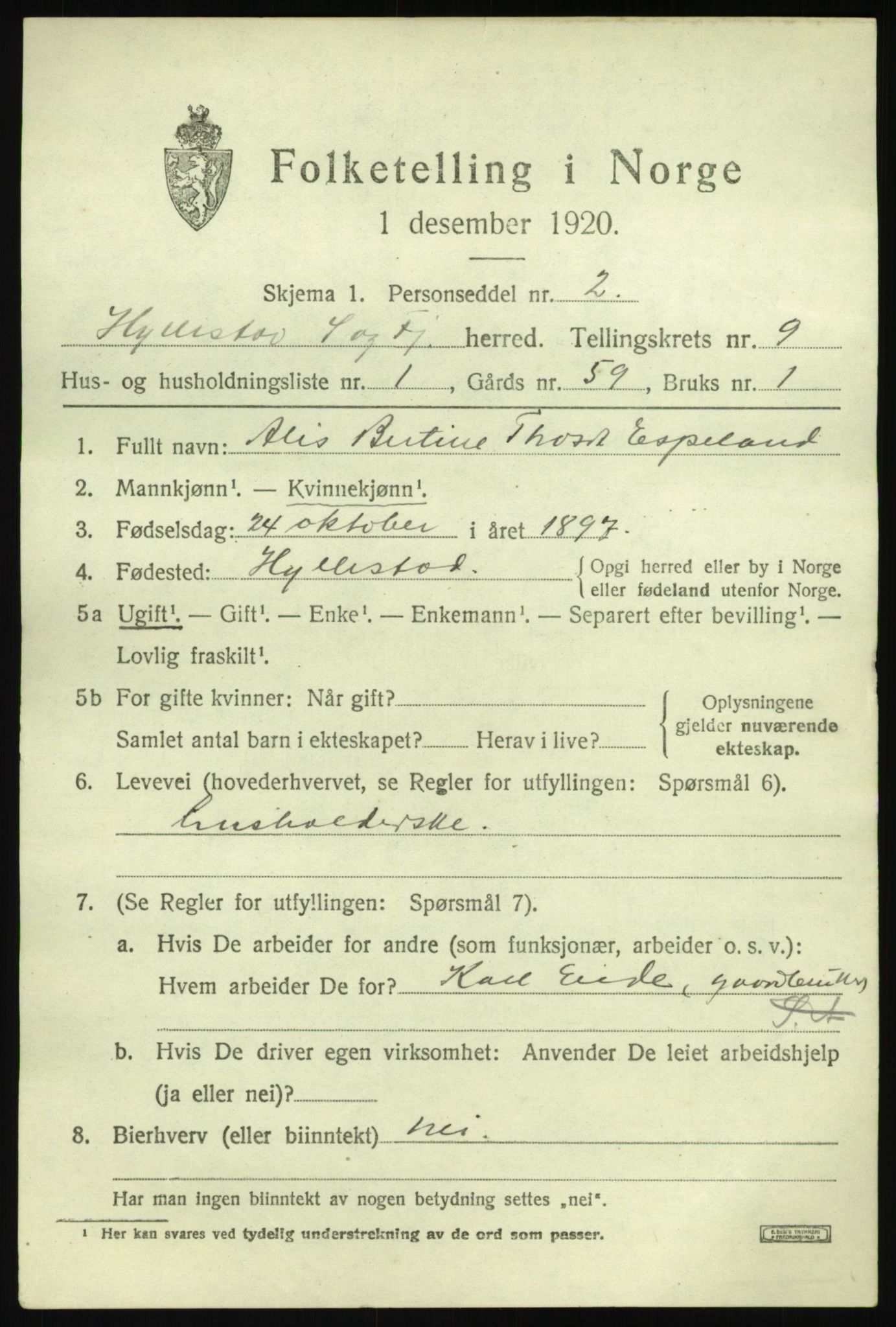 SAB, 1920 census for Hyllestad, 1920, p. 3506