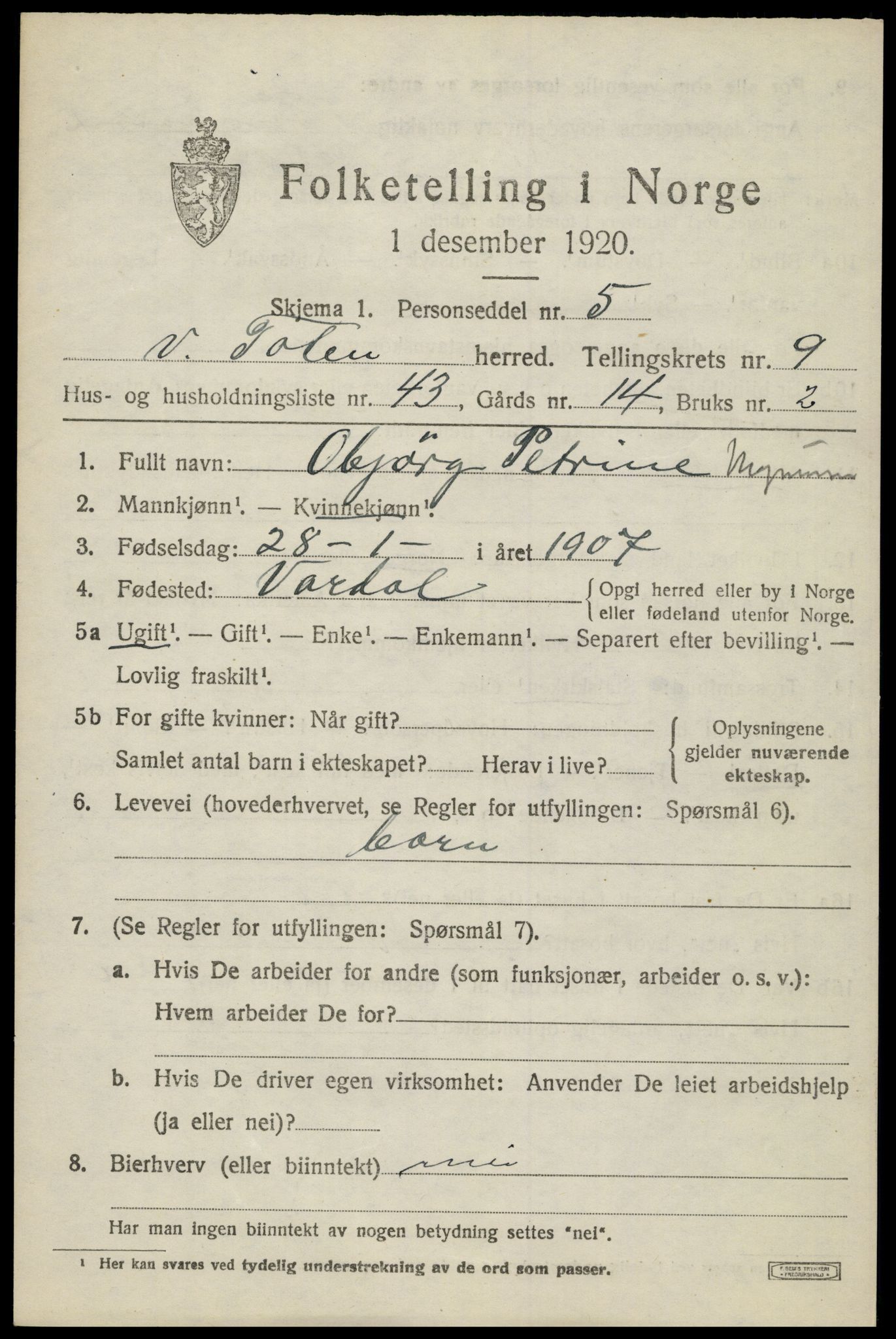 SAH, 1920 census for Vestre Toten, 1920, p. 11942