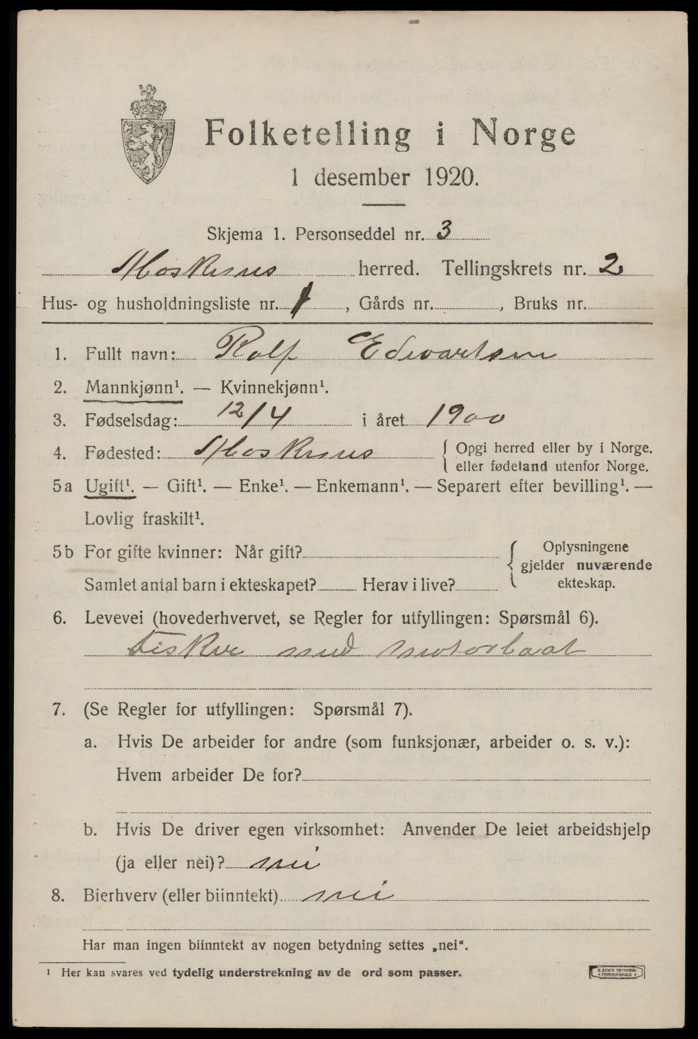 SAT, 1920 census for Moskenes, 1920, p. 1070