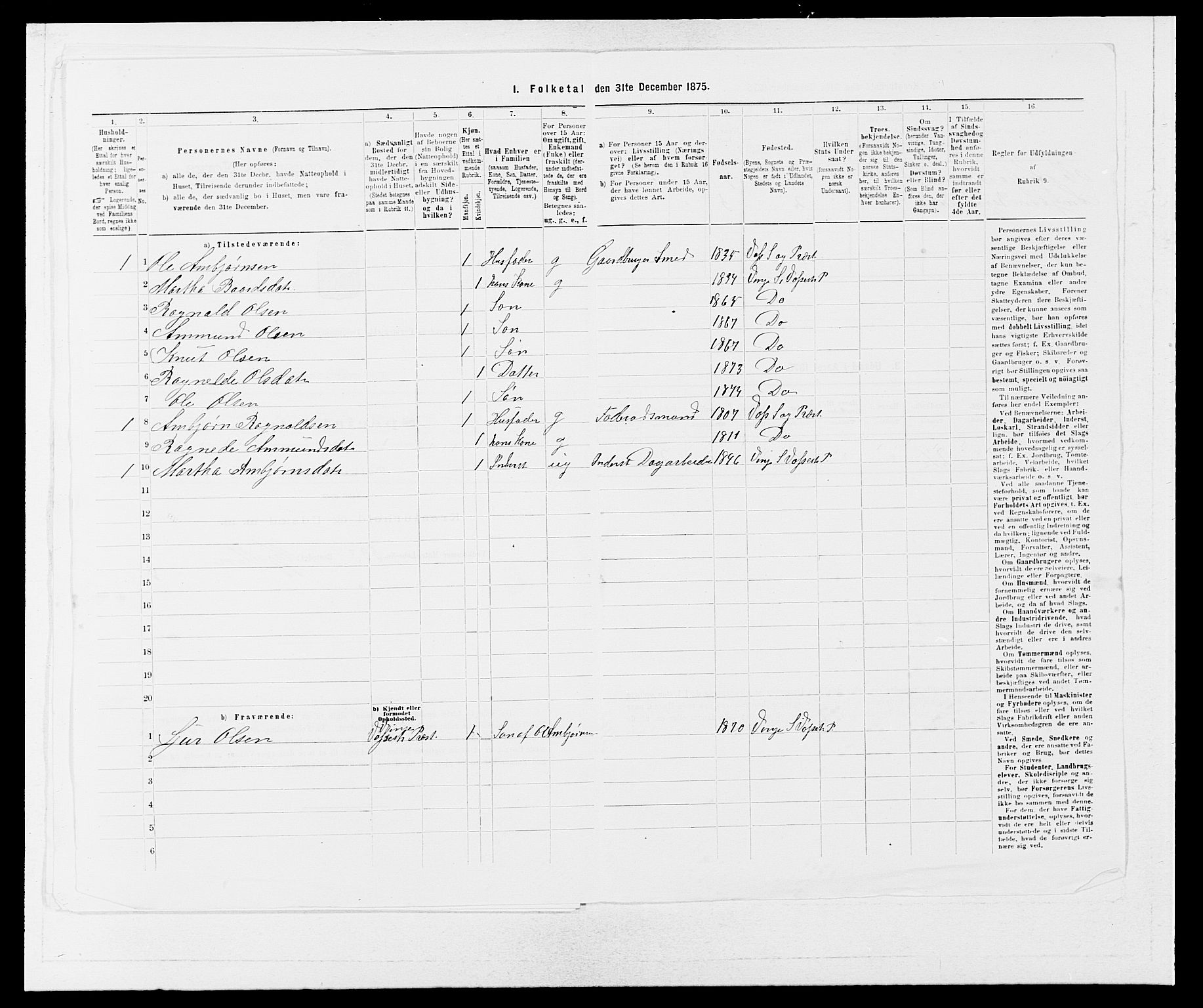 SAB, 1875 census for 1236P Vossestrand, 1875, p. 98