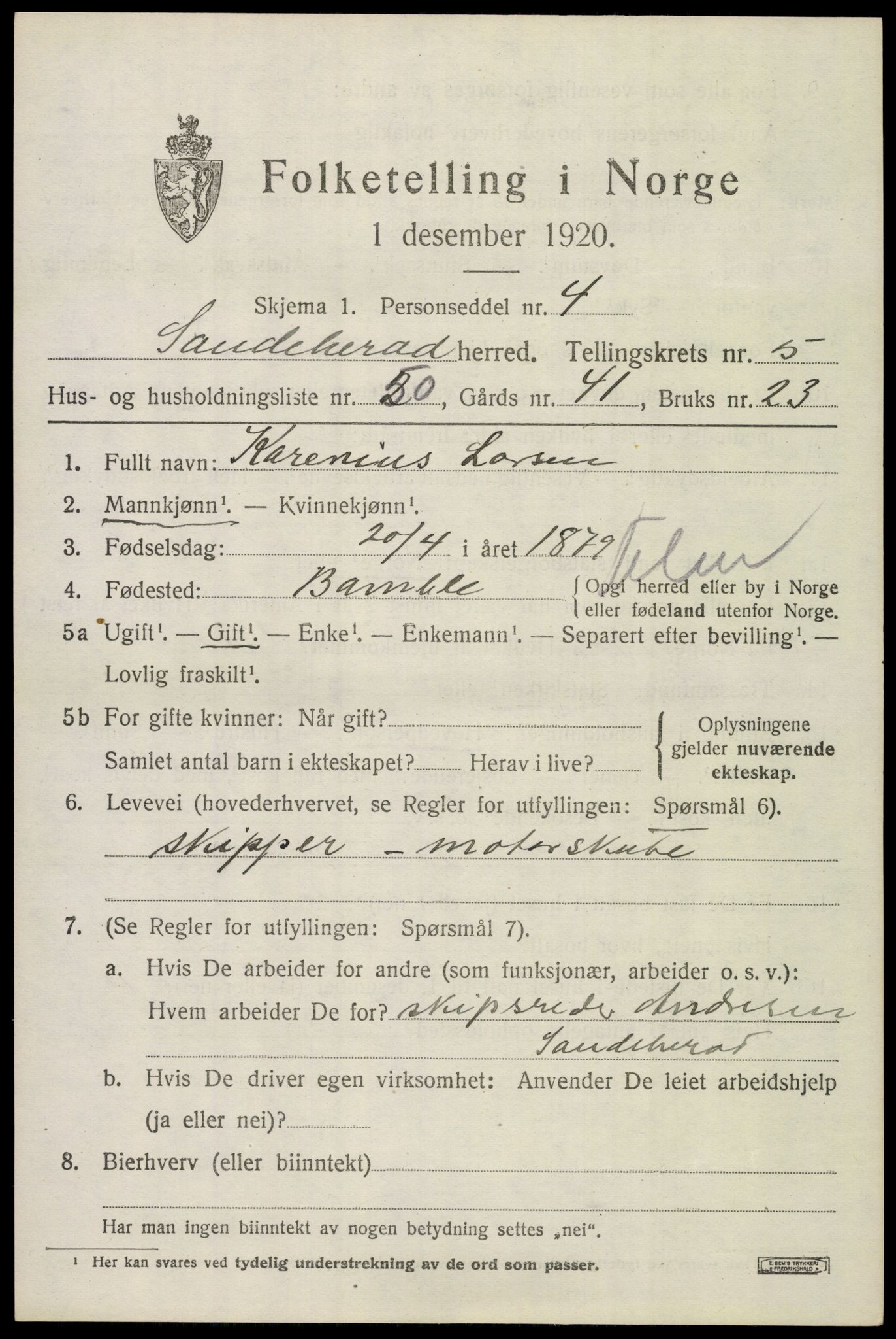 SAKO, 1920 census for Sandeherred, 1920, p. 8650