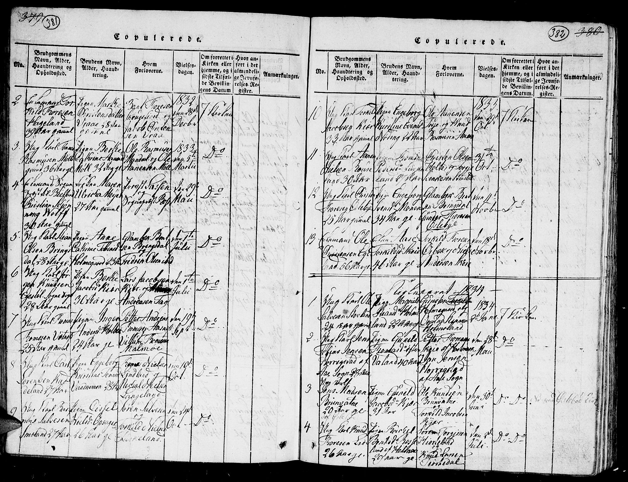 Holum sokneprestkontor, SAK/1111-0022/F/Fb/Fba/L0002: Parish register (copy) no. B 2, 1820-1849, p. 381-382