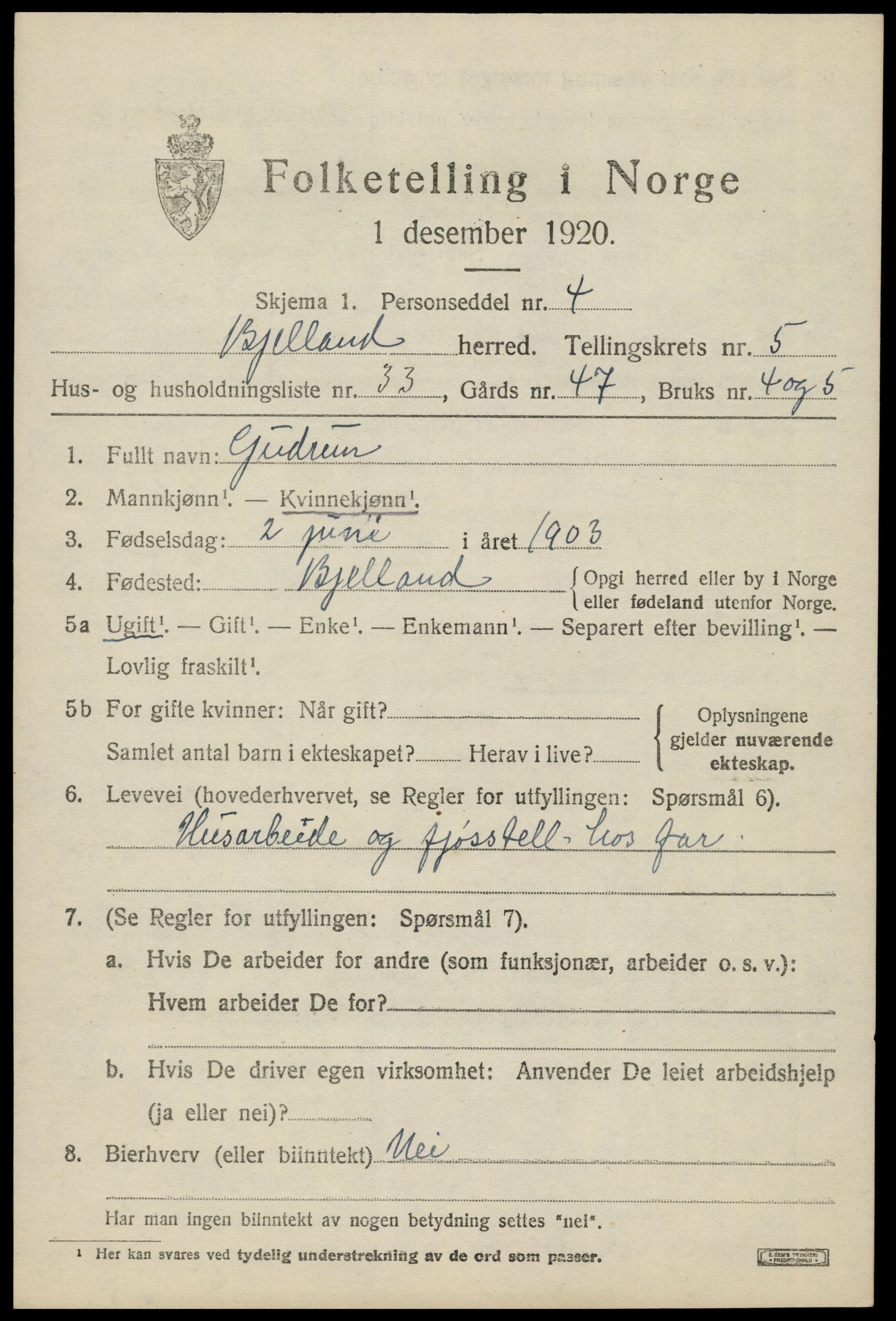 SAK, 1920 census for Bjelland, 1920, p. 1803