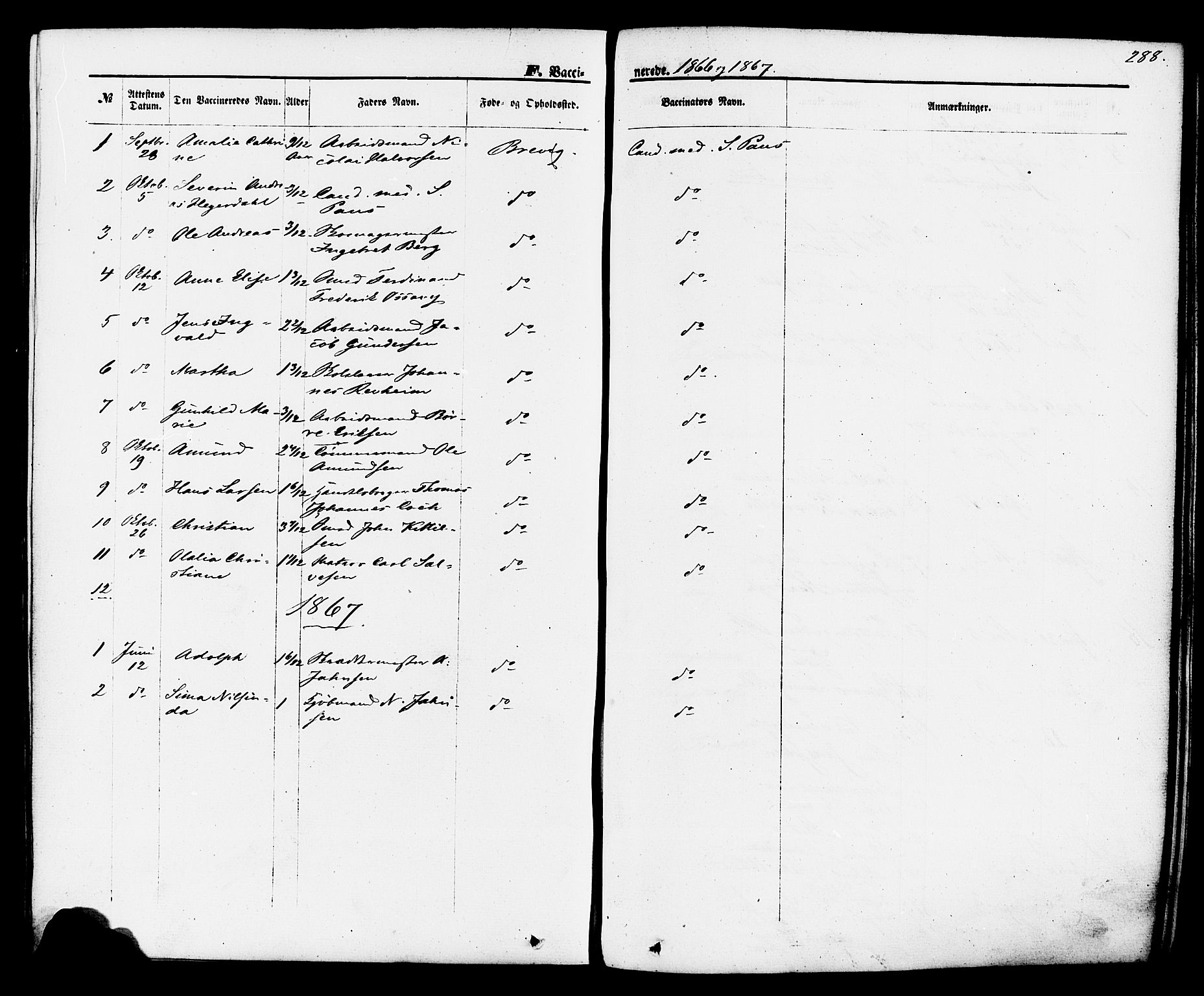 Brevik kirkebøker, AV/SAKO-A-255/F/Fa/L0006: Parish register (official) no. 6, 1866-1881, p. 288