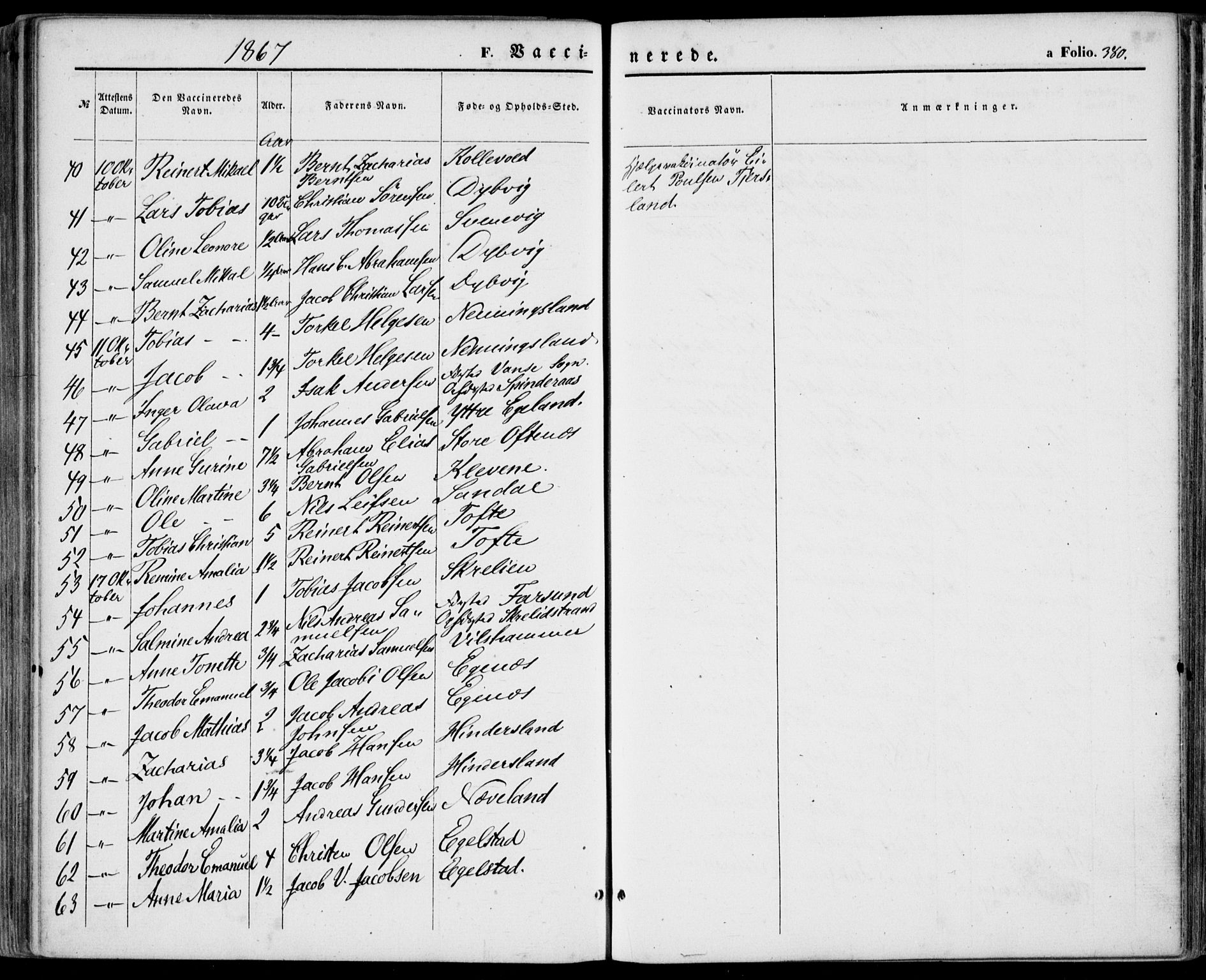 Lyngdal sokneprestkontor, SAK/1111-0029/F/Fa/Fac/L0010: Parish register (official) no. A 10, 1865-1878, p. 380