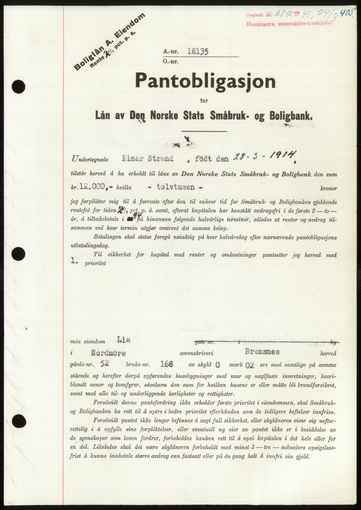 Nordmøre sorenskriveri, AV/SAT-A-4132/1/2/2Ca: Mortgage book no. B98, 1948-1948, Diary no: : 682/1948