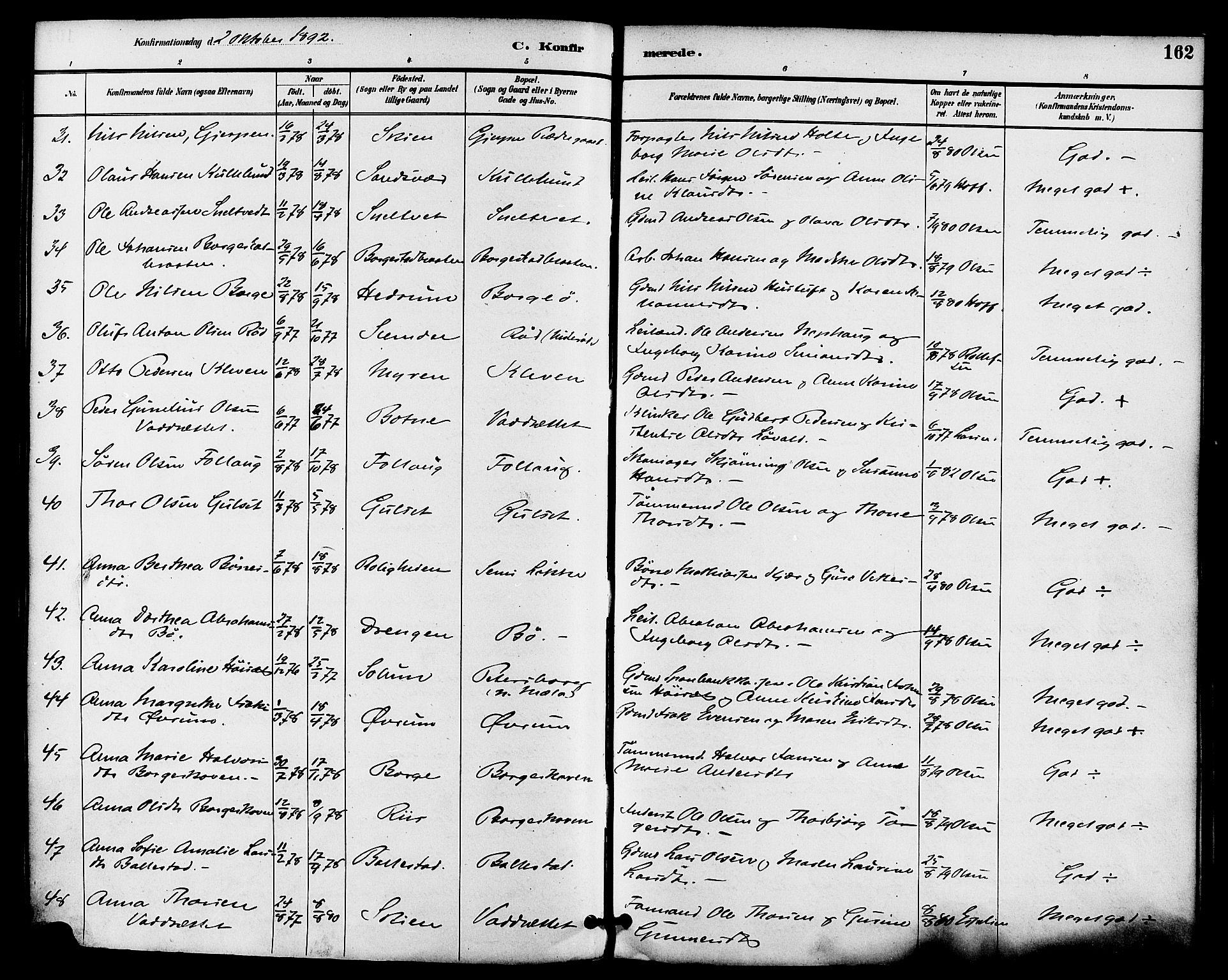 Gjerpen kirkebøker, AV/SAKO-A-265/F/Fa/L0010: Parish register (official) no. I 10, 1886-1895, p. 162