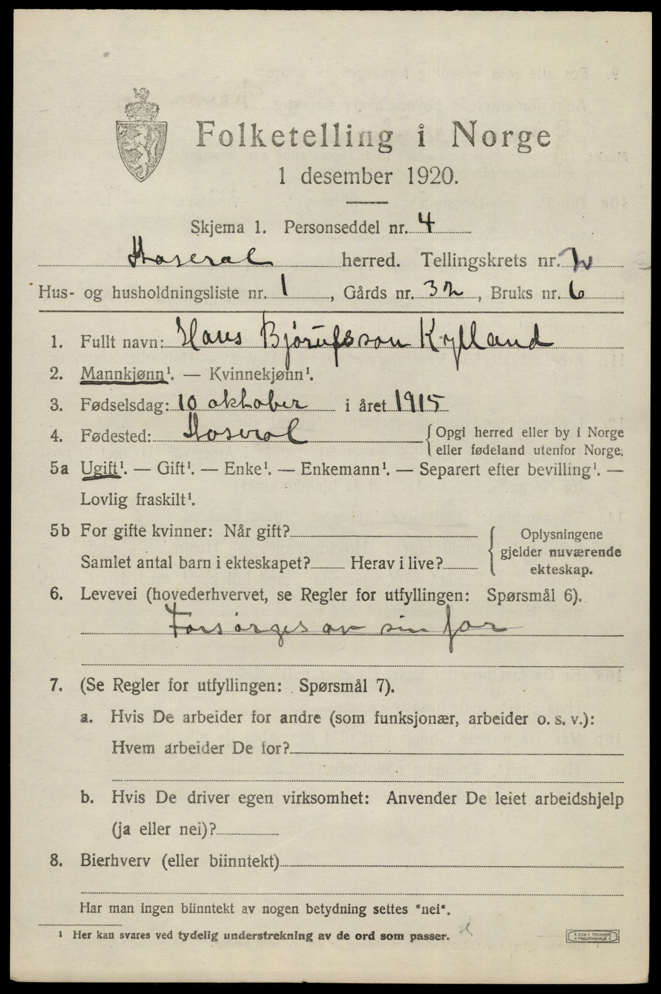 SAK, 1920 census for Åseral, 1920, p. 778