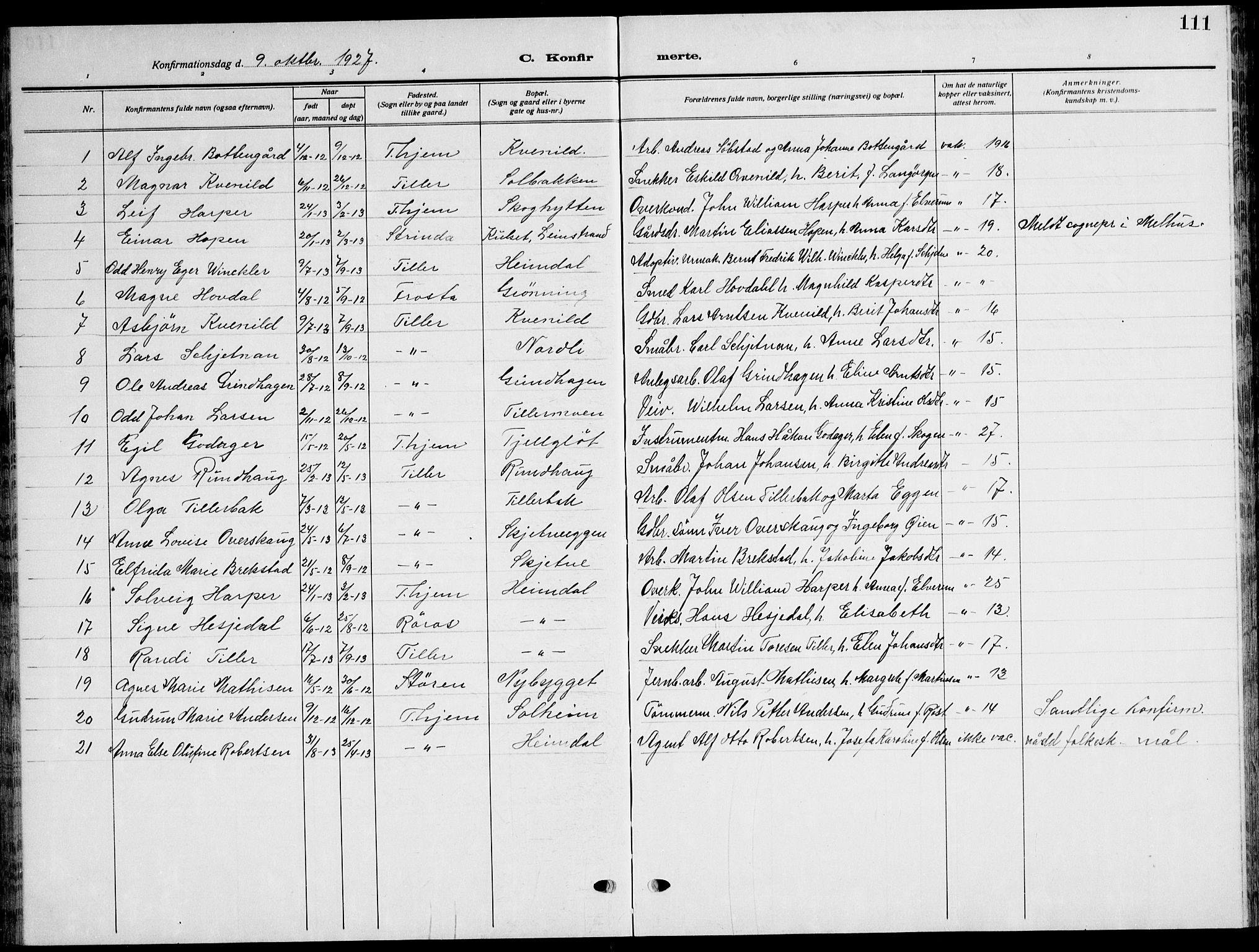 Ministerialprotokoller, klokkerbøker og fødselsregistre - Sør-Trøndelag, SAT/A-1456/621/L0462: Parish register (copy) no. 621C05, 1915-1945, p. 111