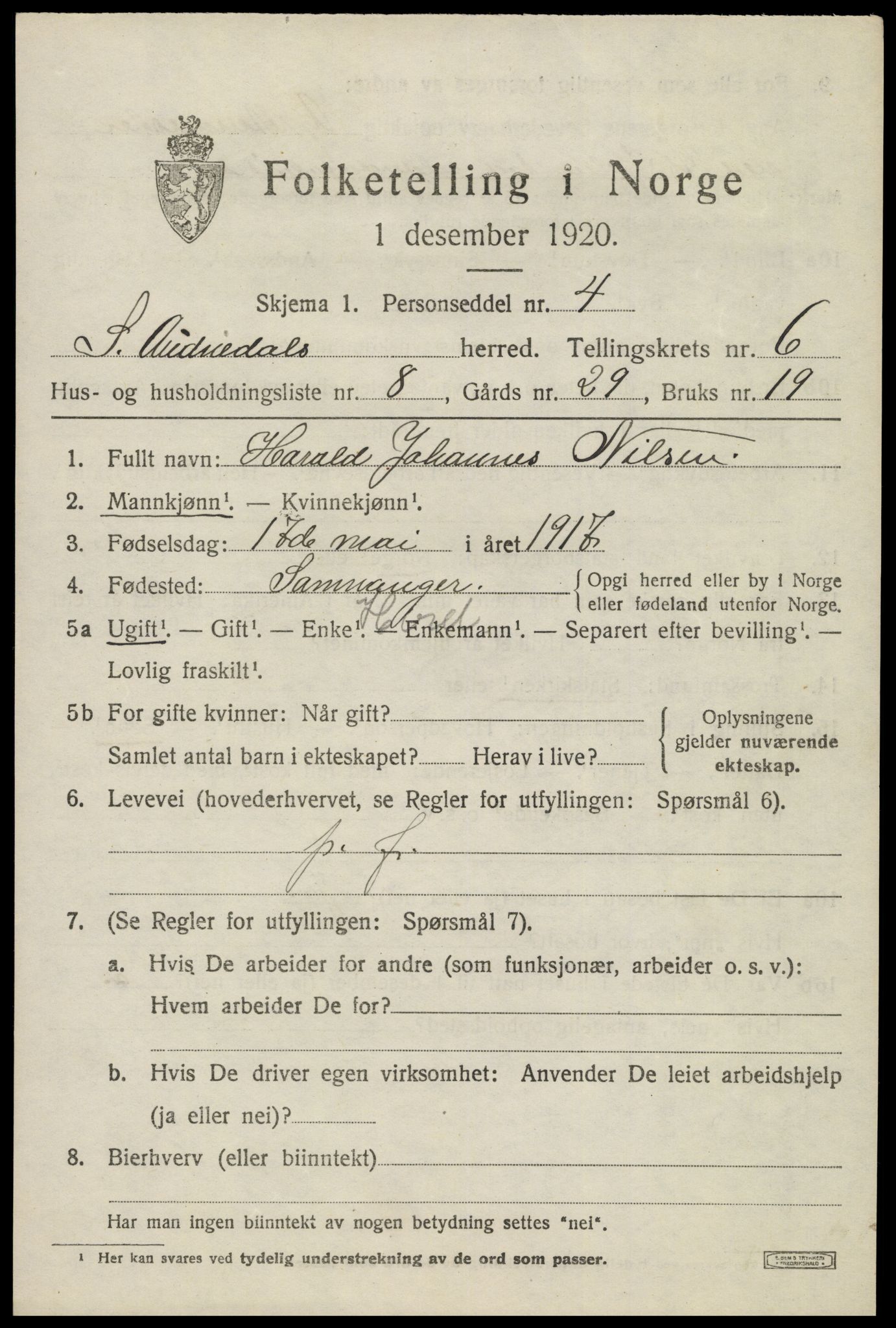 SAK, 1920 census for Sør-Audnedal, 1920, p. 2773