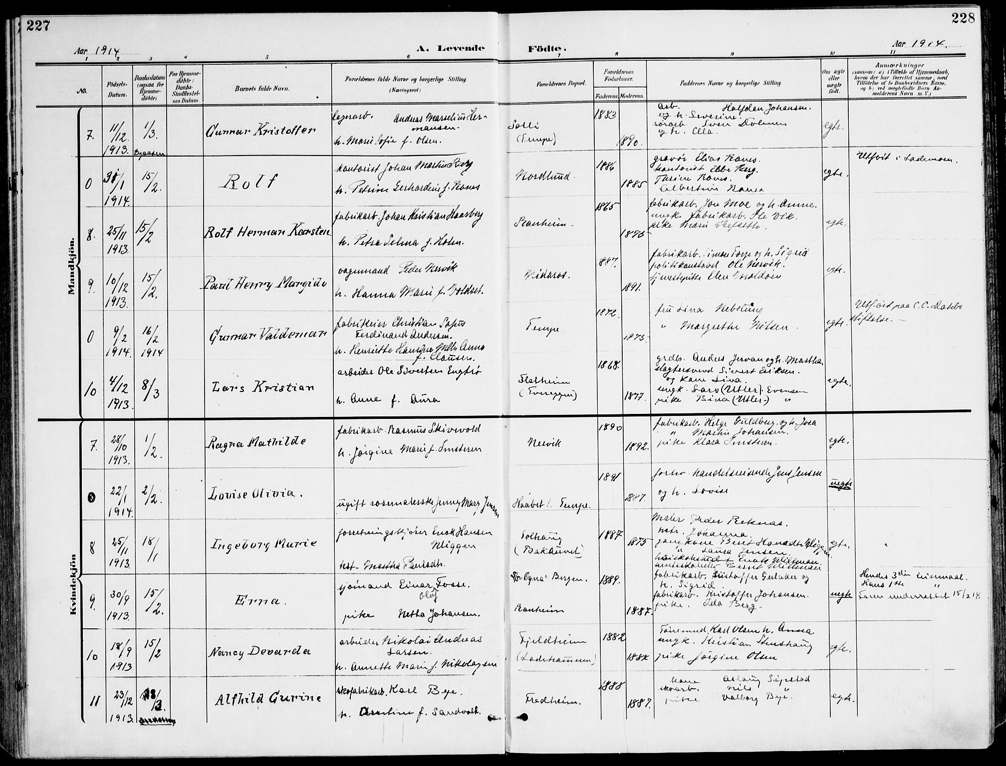 Ministerialprotokoller, klokkerbøker og fødselsregistre - Sør-Trøndelag, SAT/A-1456/607/L0320: Parish register (official) no. 607A04, 1907-1915, p. 227-228