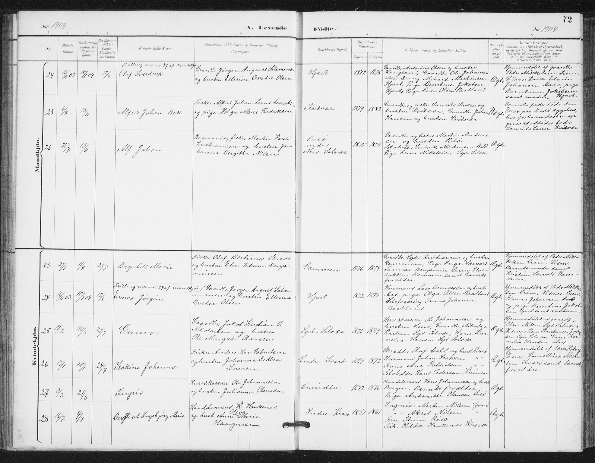 Ministerialprotokoller, klokkerbøker og fødselsregistre - Nordland, AV/SAT-A-1459/839/L0573: Parish register (copy) no. 839C03, 1892-1917, p. 72