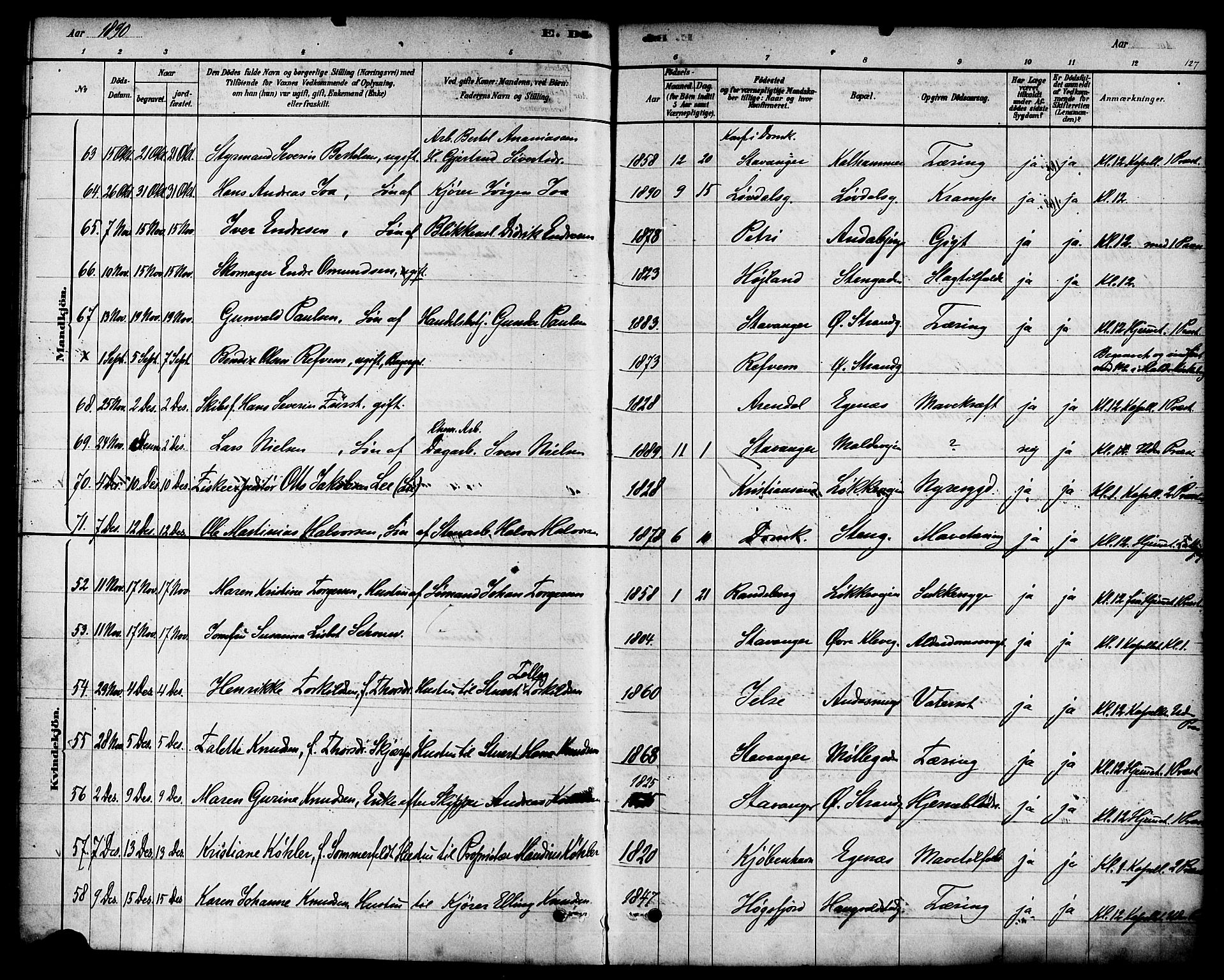 Domkirken sokneprestkontor, SAST/A-101812/001/30/30BA/L0027: Parish register (official) no. A 26, 1878-1896, p. 127