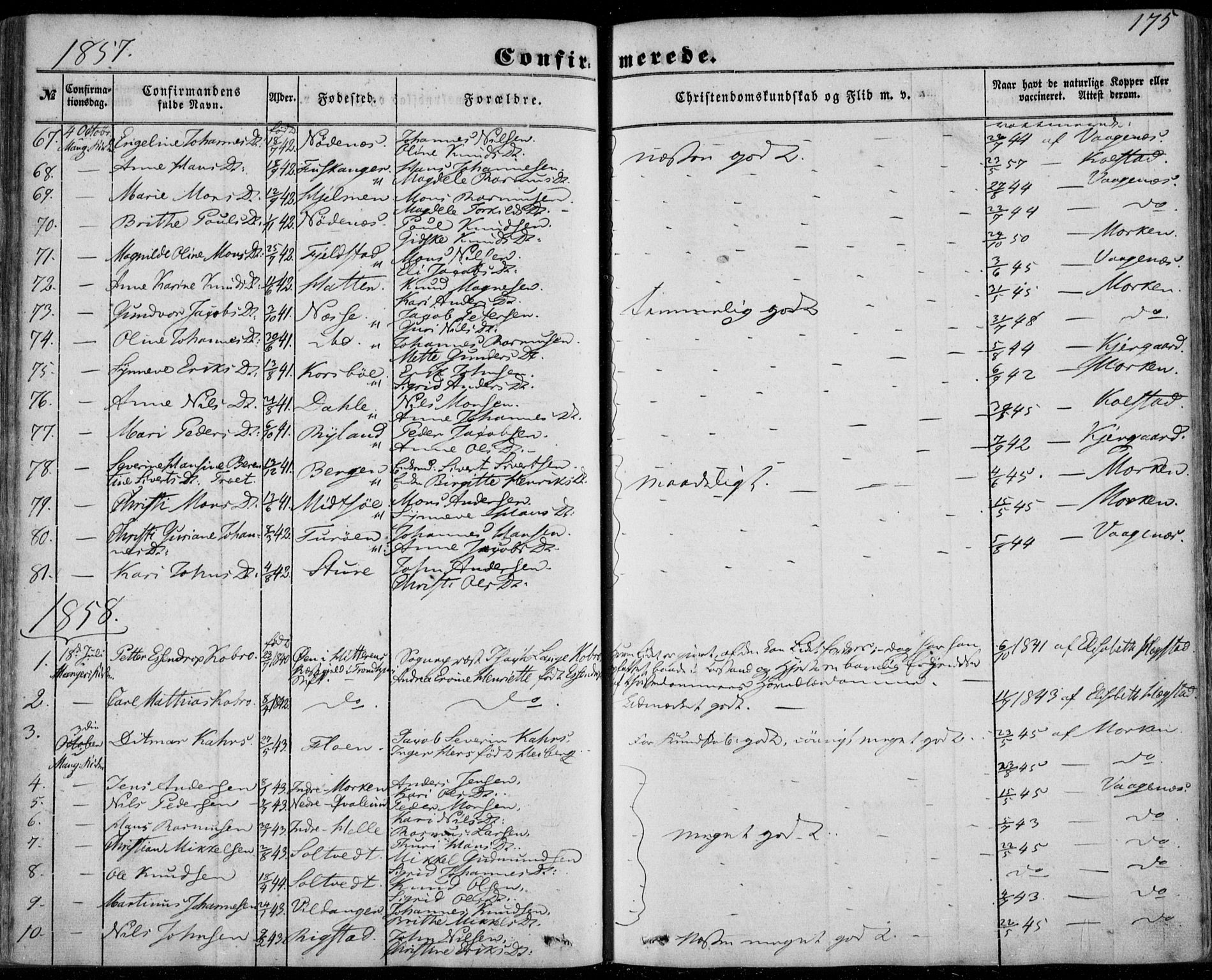 Manger sokneprestembete, SAB/A-76801/H/Haa: Parish register (official) no. A 6, 1849-1859, p. 175