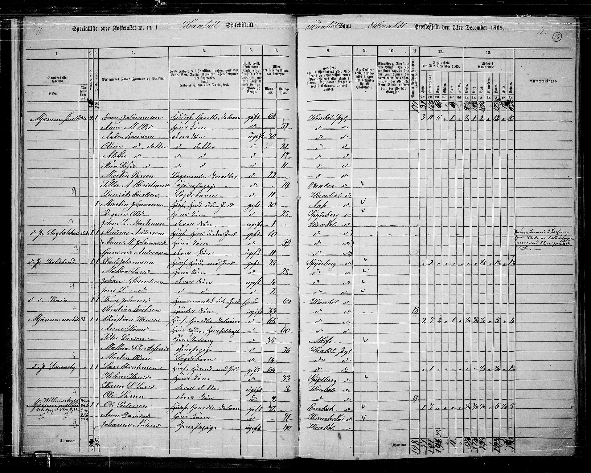 RA, 1865 census for Hobøl, 1865, p. 16