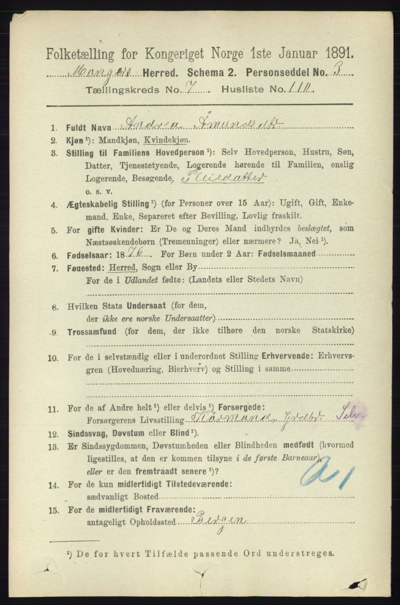 RA, 1891 census for 1261 Manger, 1891, p. 5007