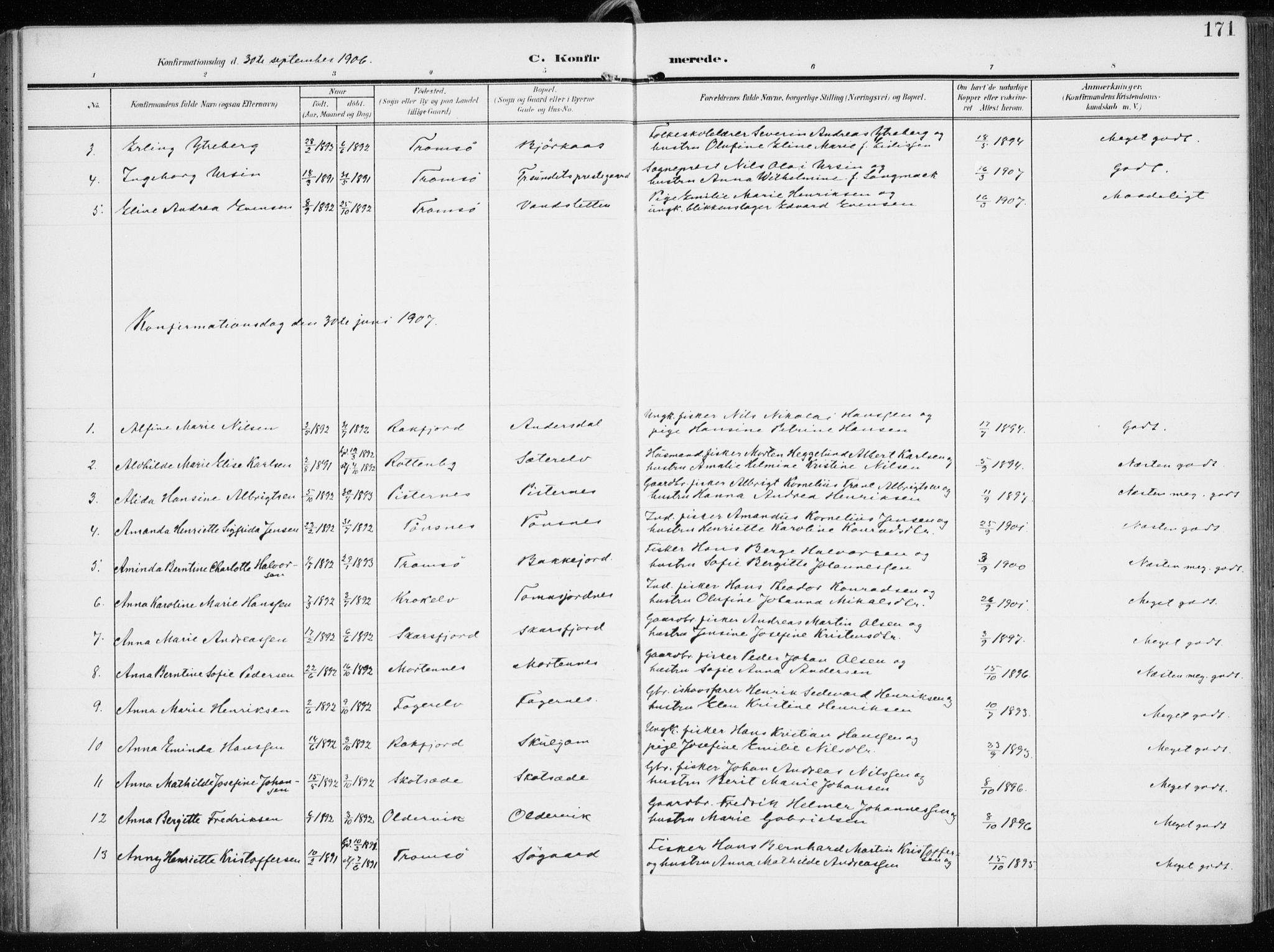 Tromsøysund sokneprestkontor, AV/SATØ-S-1304/G/Ga/L0007kirke: Parish register (official) no. 7, 1907-1914, p. 171