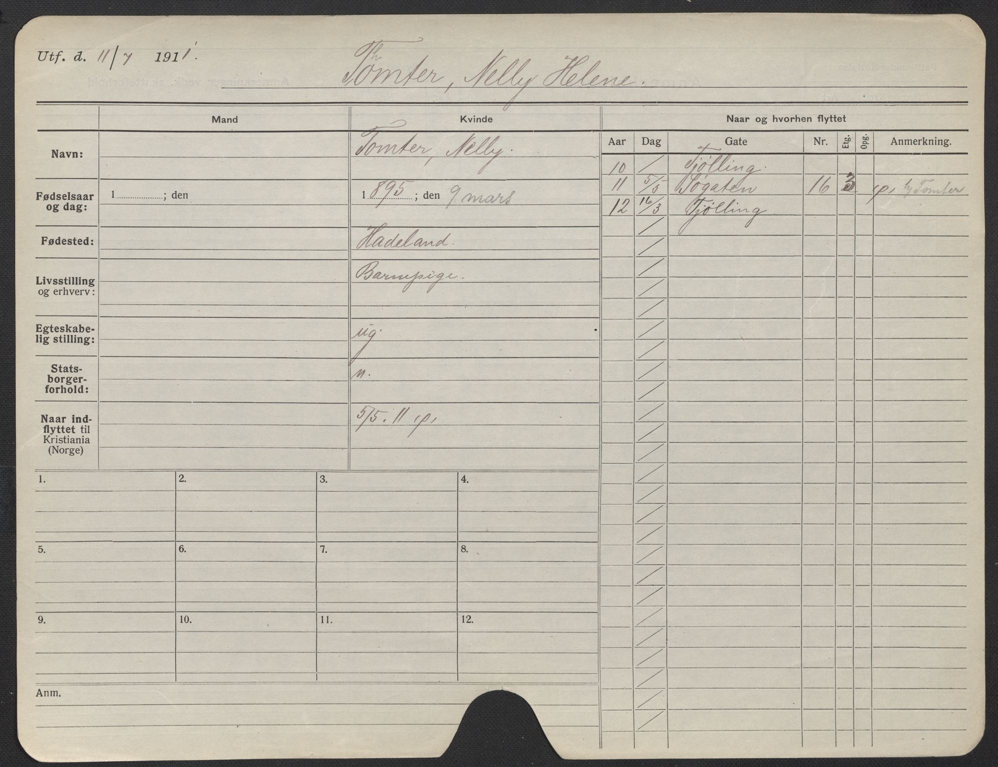 Oslo folkeregister, Registerkort, AV/SAO-A-11715/F/Fa/Fac/L0024: Kvinner, 1906-1914, p. 1203a