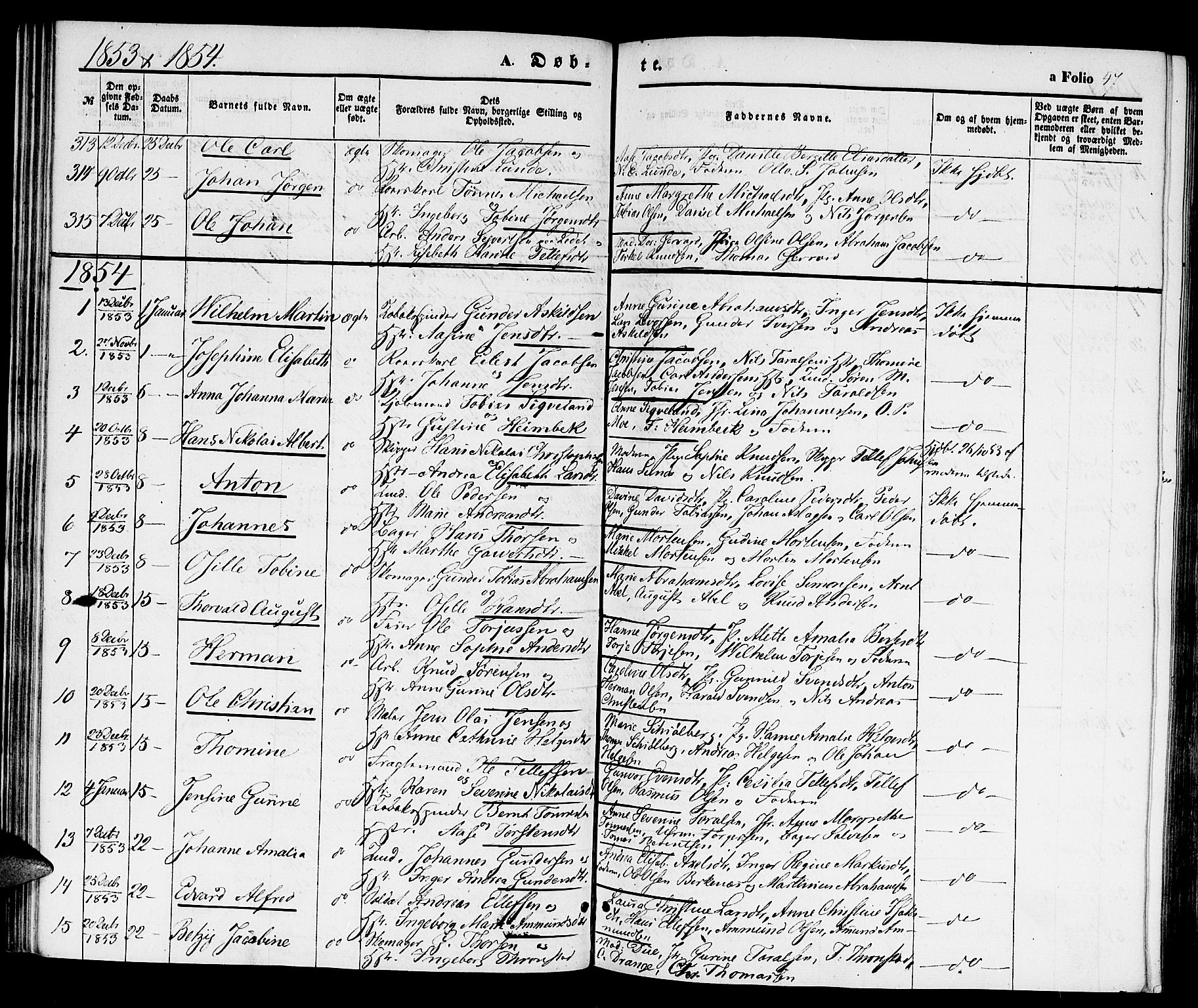 Kristiansand domprosti, SAK/1112-0006/F/Fb/L0011: Parish register (copy) no. B 11, 1851-1861, p. 47