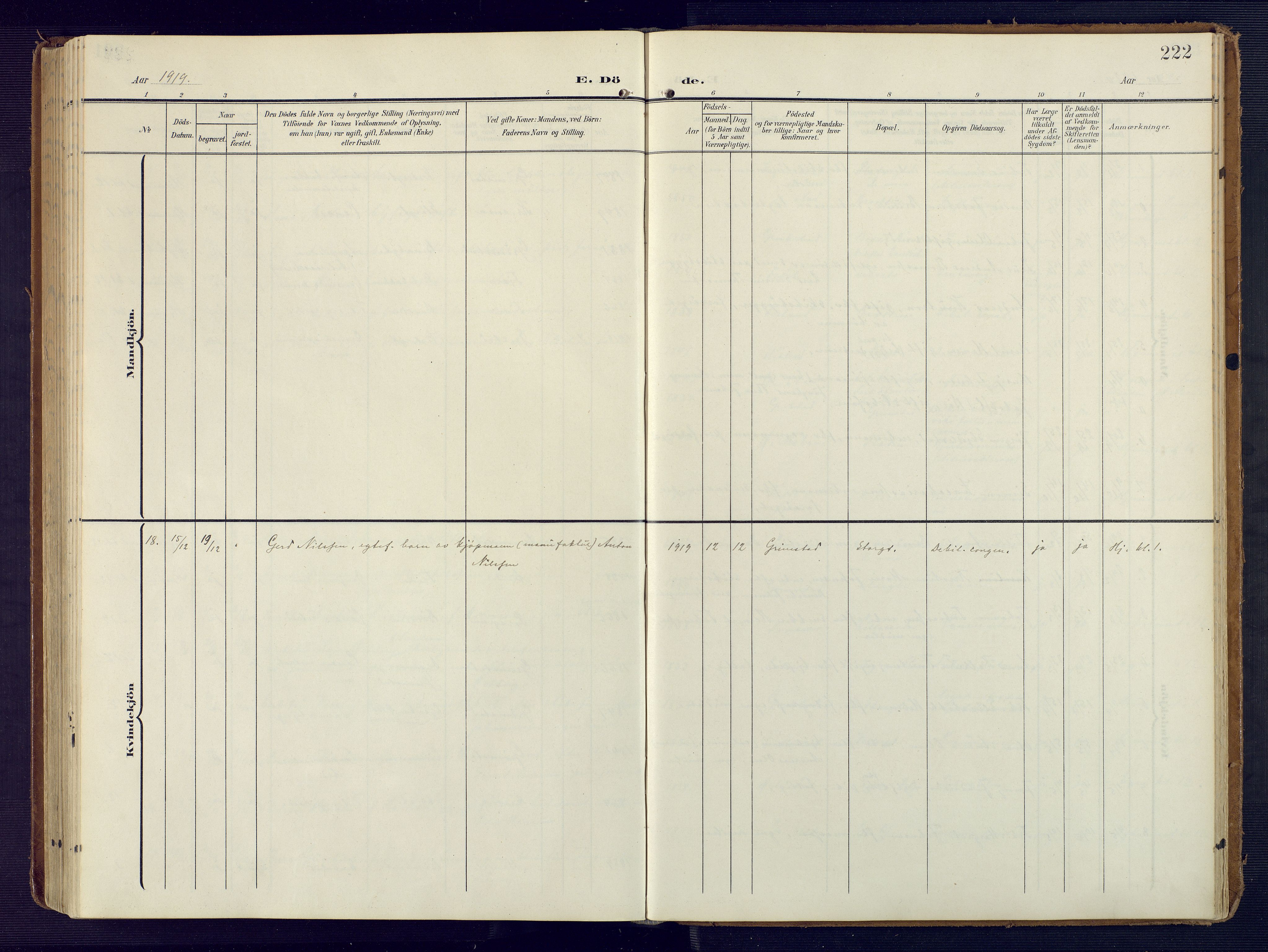 Grimstad sokneprestkontor, SAK/1111-0017/F/Fa/L0005: Parish register (official) no. A 4, 1911-1924, p. 222
