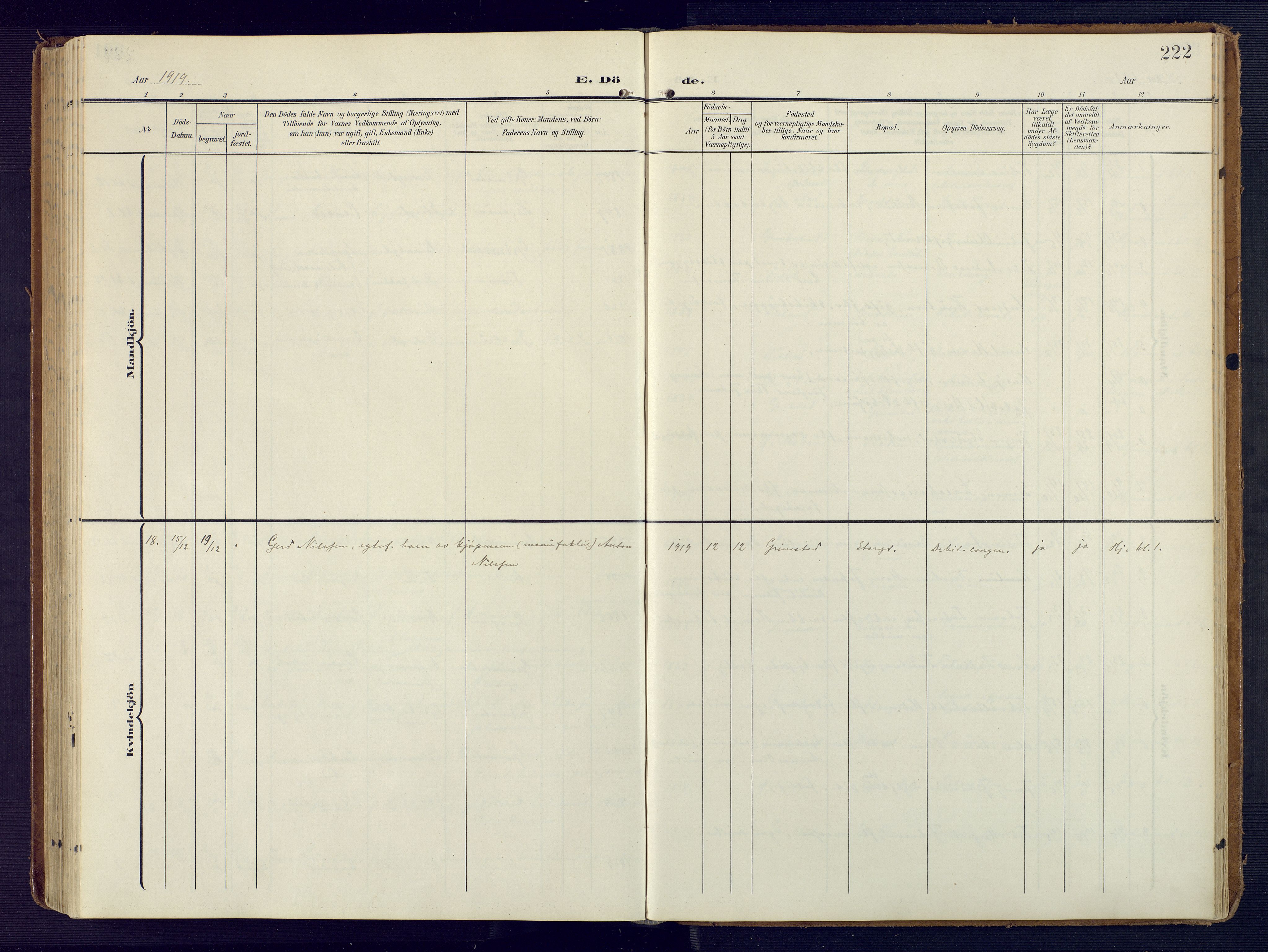 Grimstad sokneprestkontor, AV/SAK-1111-0017/F/Fa/L0005: Parish register (official) no. A 4, 1911-1924, p. 222