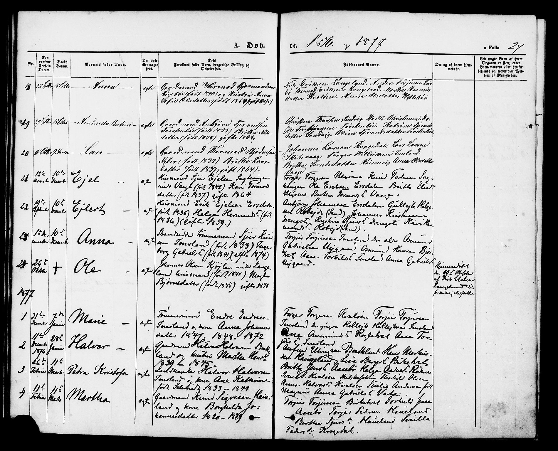 Vikedal sokneprestkontor, AV/SAST-A-101840/01/IV: Parish register (official) no. A 9, 1868-1885, p. 27