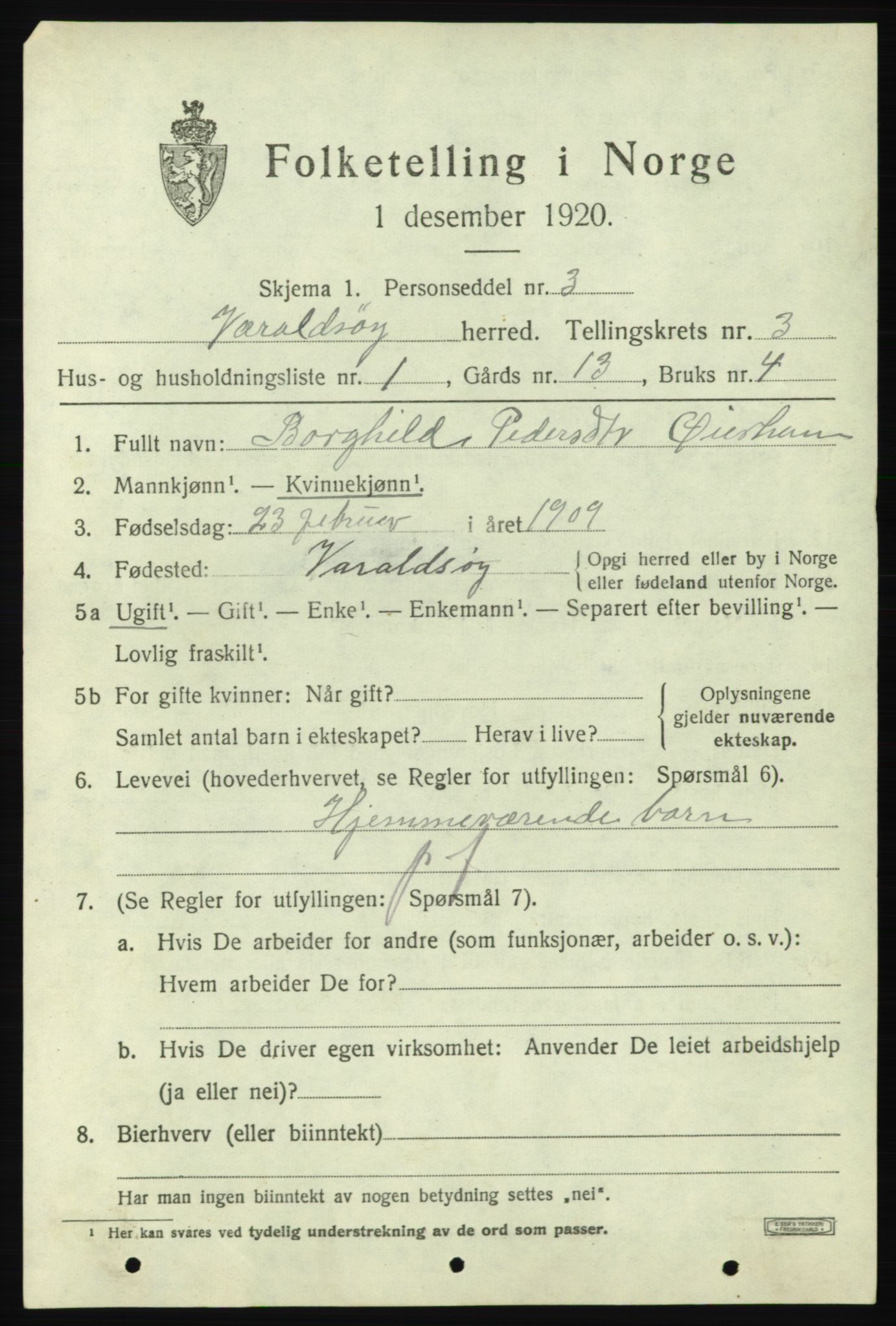 SAB, 1920 census for Varaldsøy, 1920, p. 1265