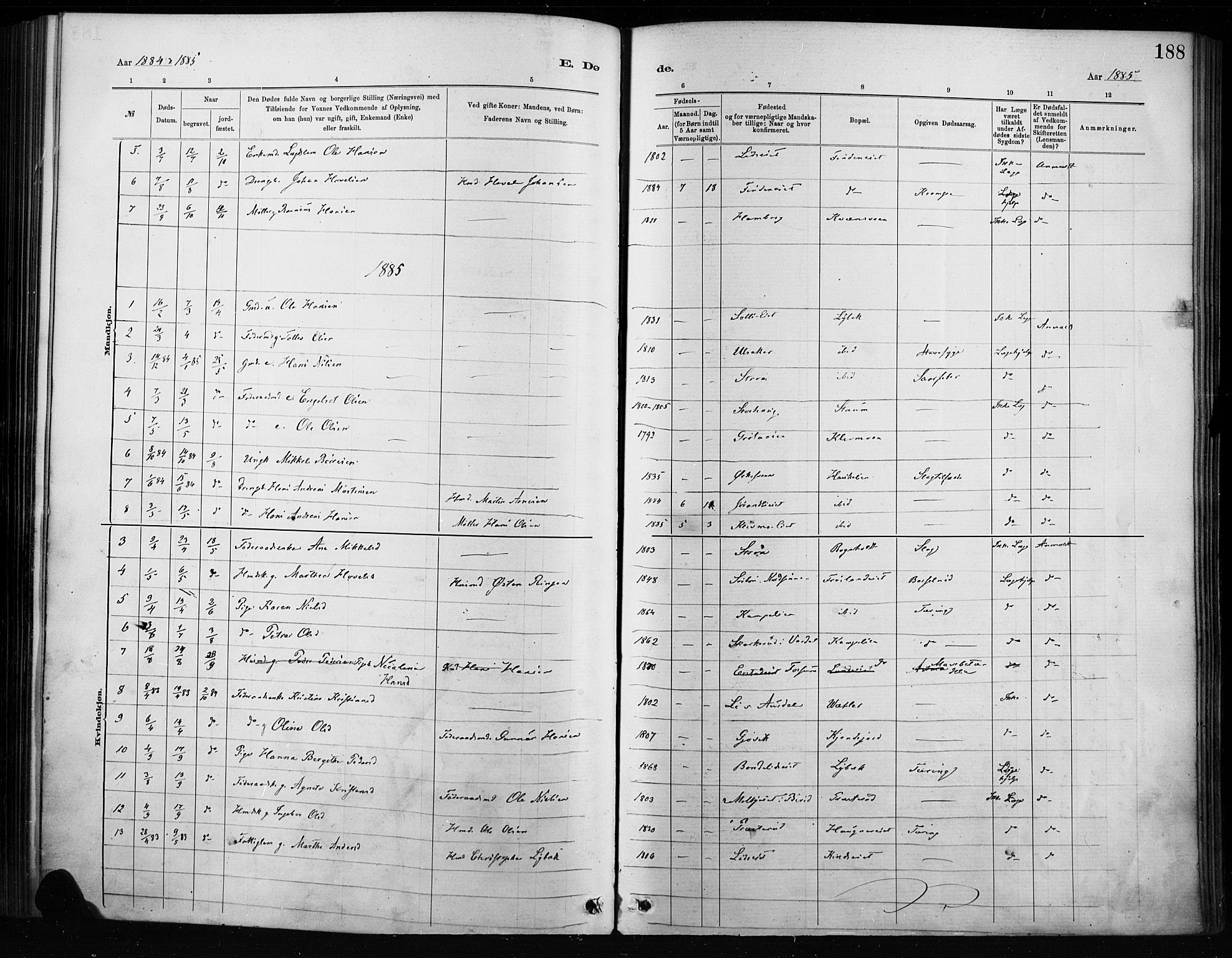 Nordre Land prestekontor, SAH/PREST-124/H/Ha/Haa/L0004: Parish register (official) no. 4, 1882-1896, p. 188