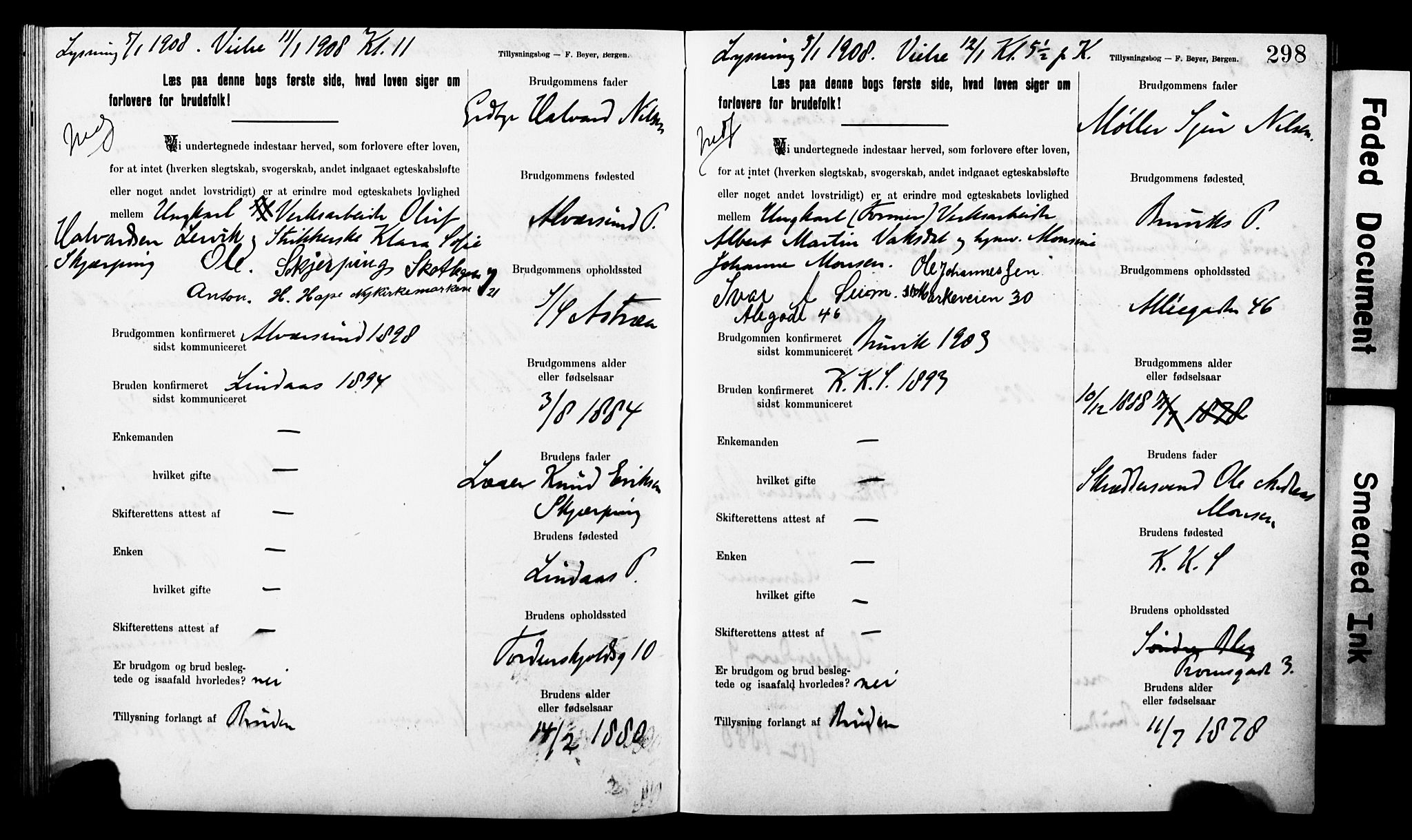 Korskirken sokneprestembete, SAB/A-76101: Best man's statements no. II.5.8, 1903-1908, p. 298